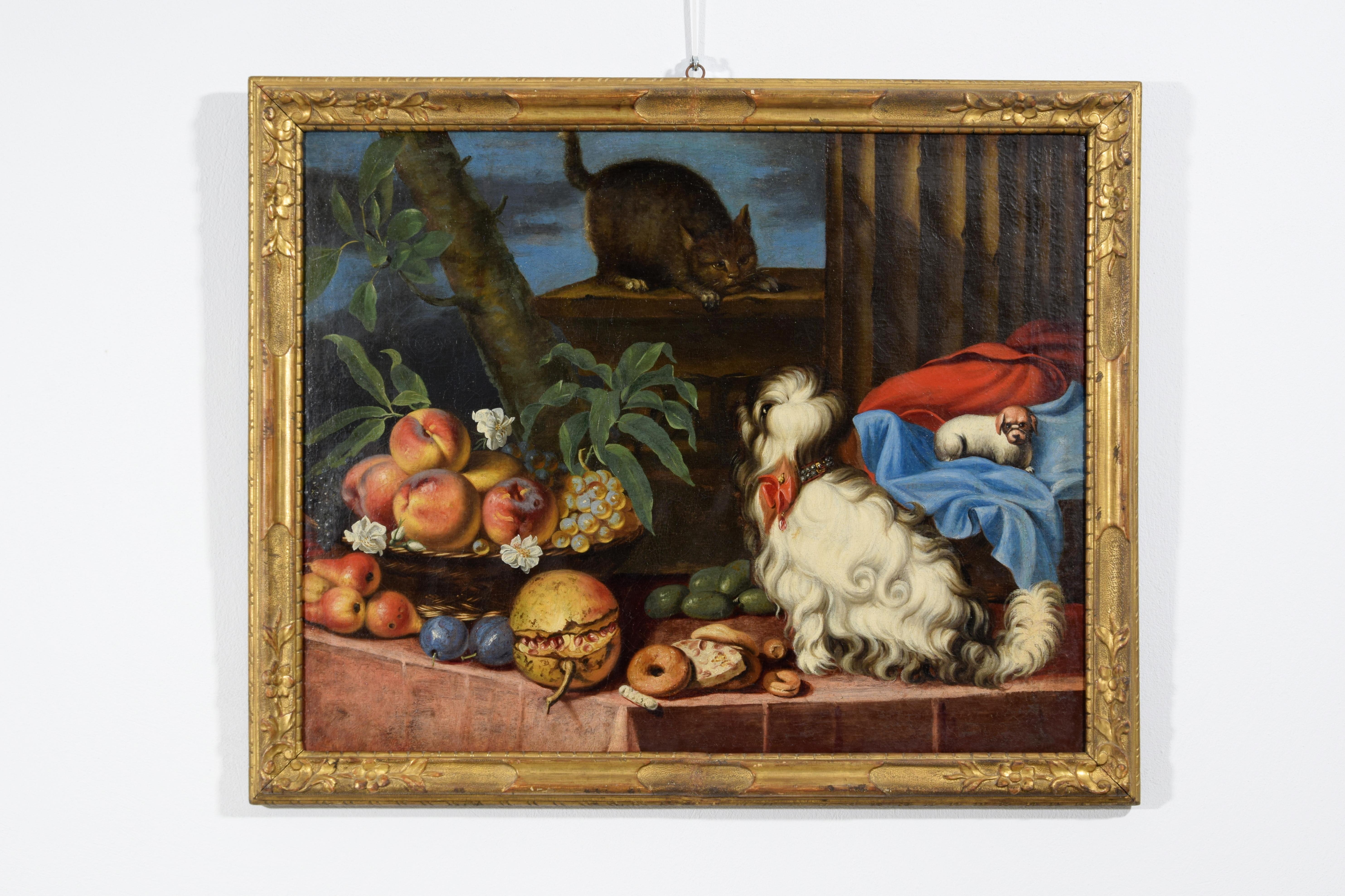 Hand-Painted 17th Century, Italian Painting with Still Life with Fruit, Dogs and Cat For Sale