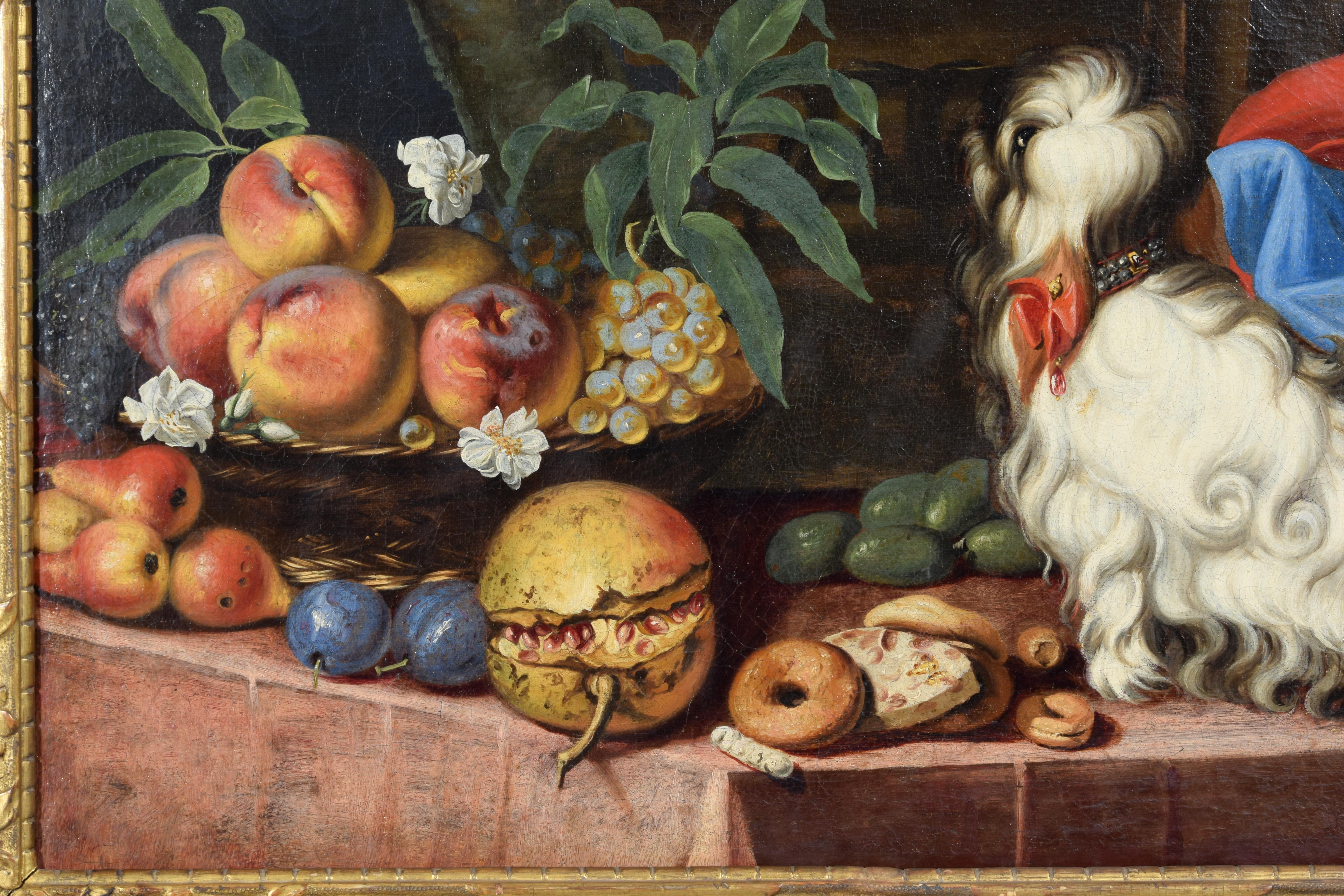 Italienisches Gemälde des 17. Jahrhunderts mit Stillleben mit Obst, Hunden und Katze im Angebot 1