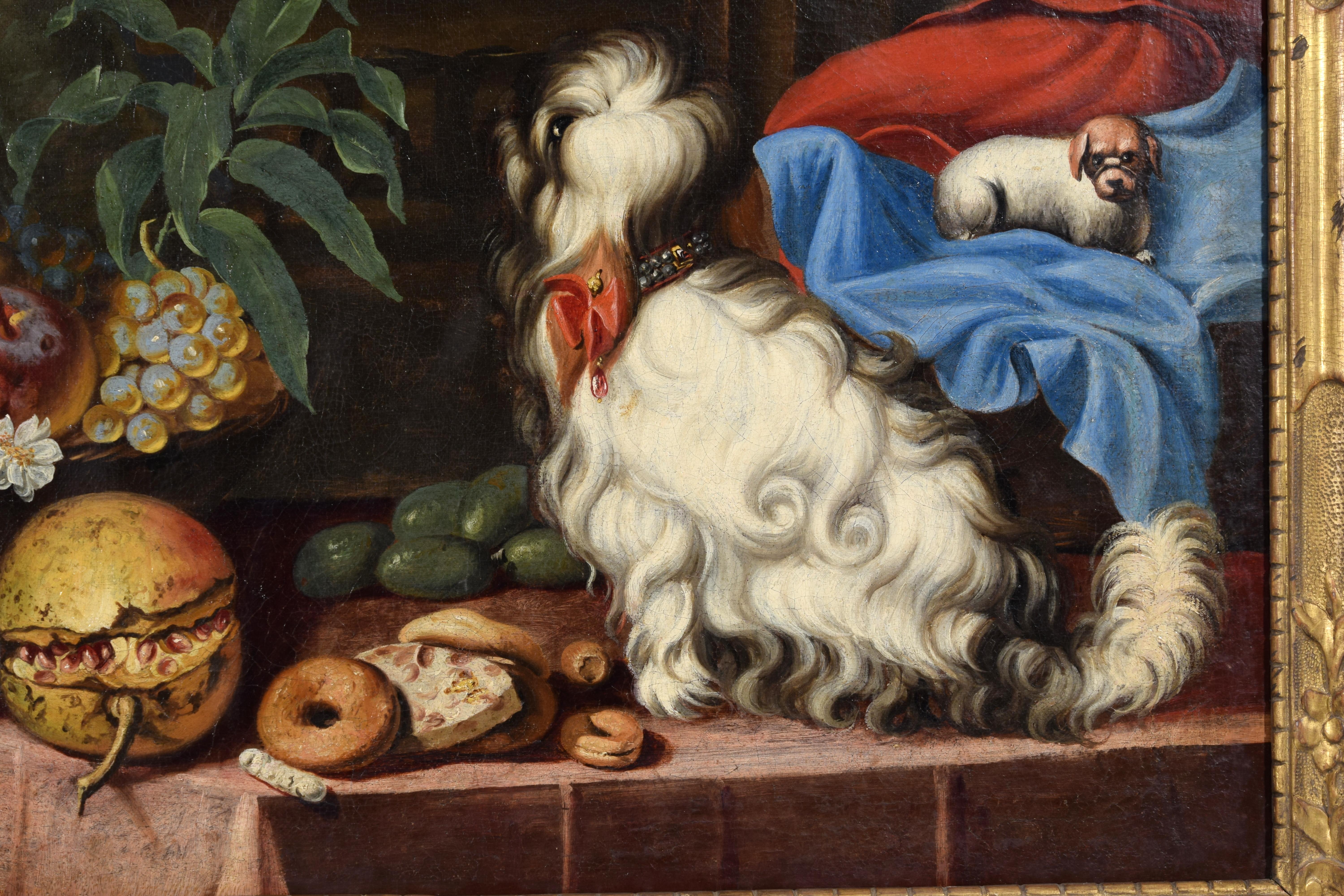 17th Century, Italian Painting with Still Life with Fruit, Dogs and Cat For Sale 3