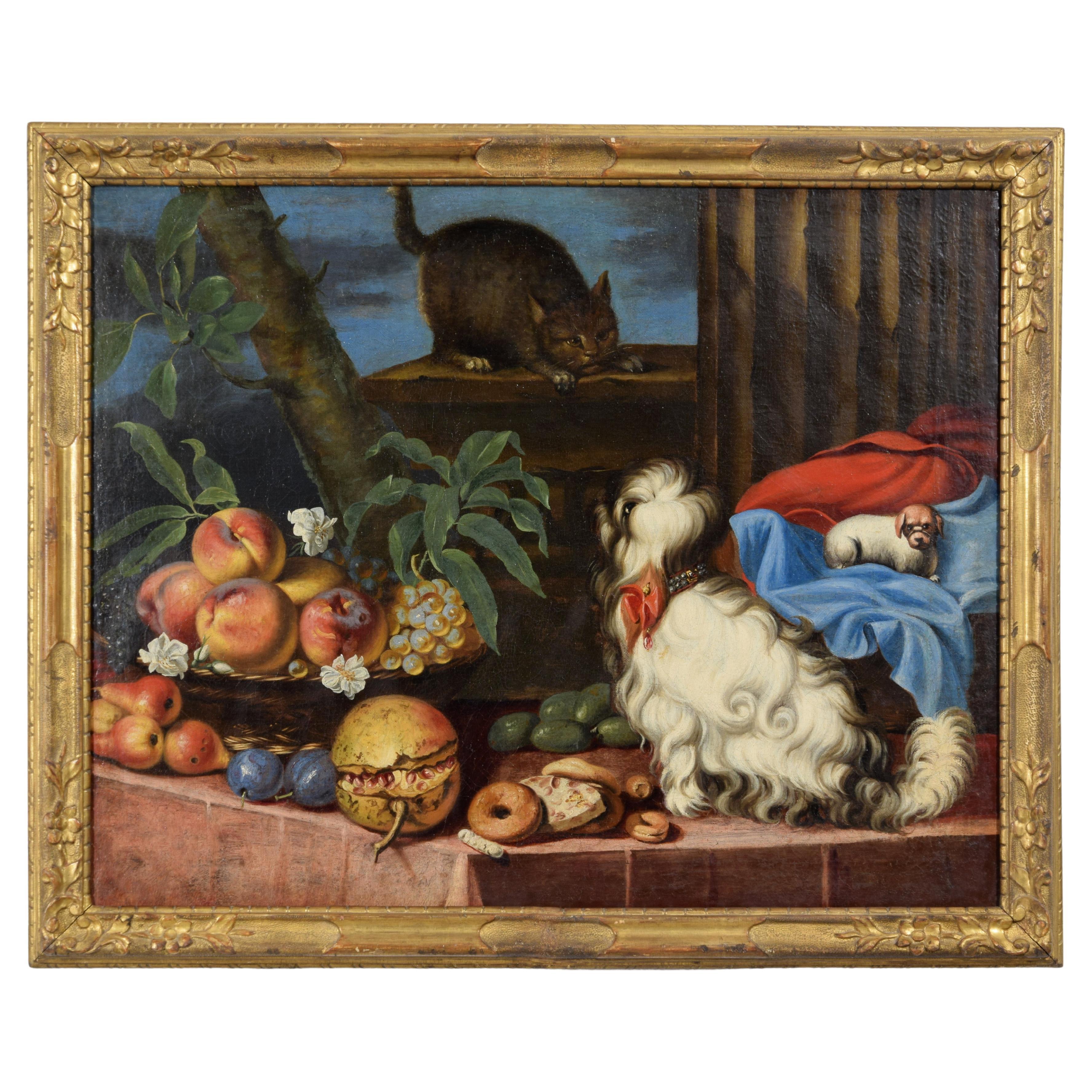 Italienisches Gemälde des 17. Jahrhunderts mit Stillleben mit Obst, Hunden und Katze im Angebot