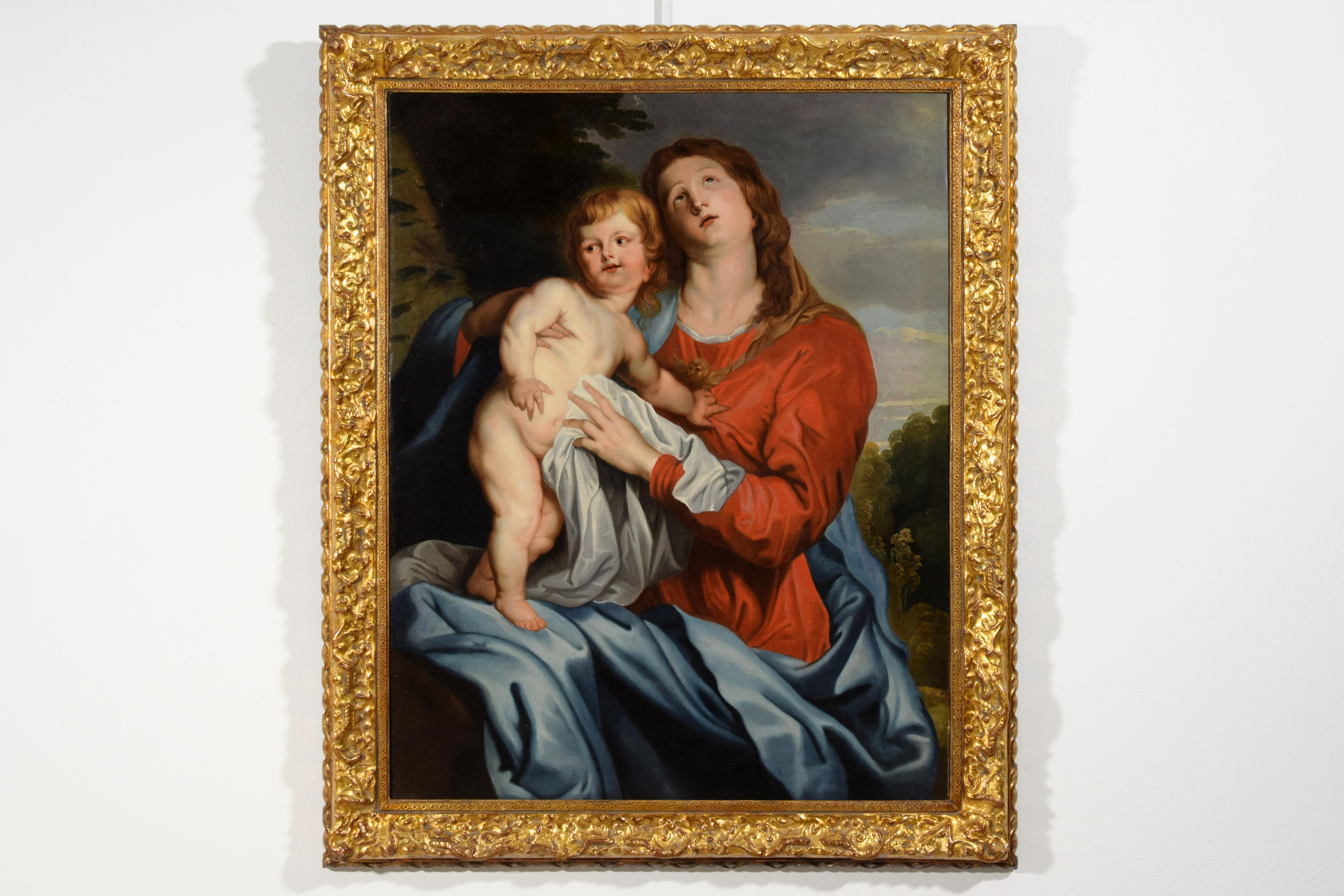 17th Century, Italian Painting with Virgin and Child by Follower of Van Dyck For Sale 4