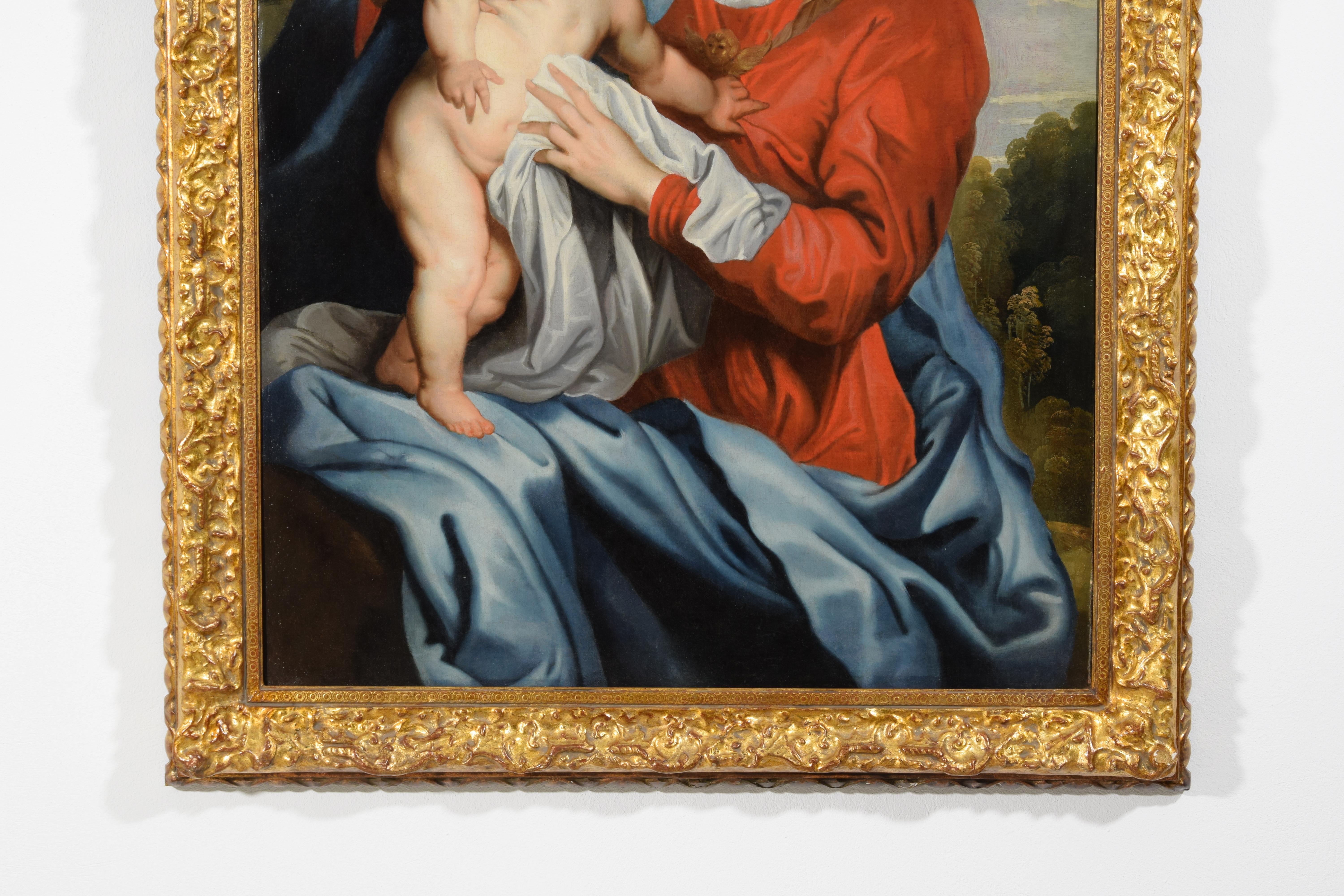 Peint à la main 17e siècle, peinture italienne représentant une Vierge et un enfant par un disciple de Van Dyck en vente