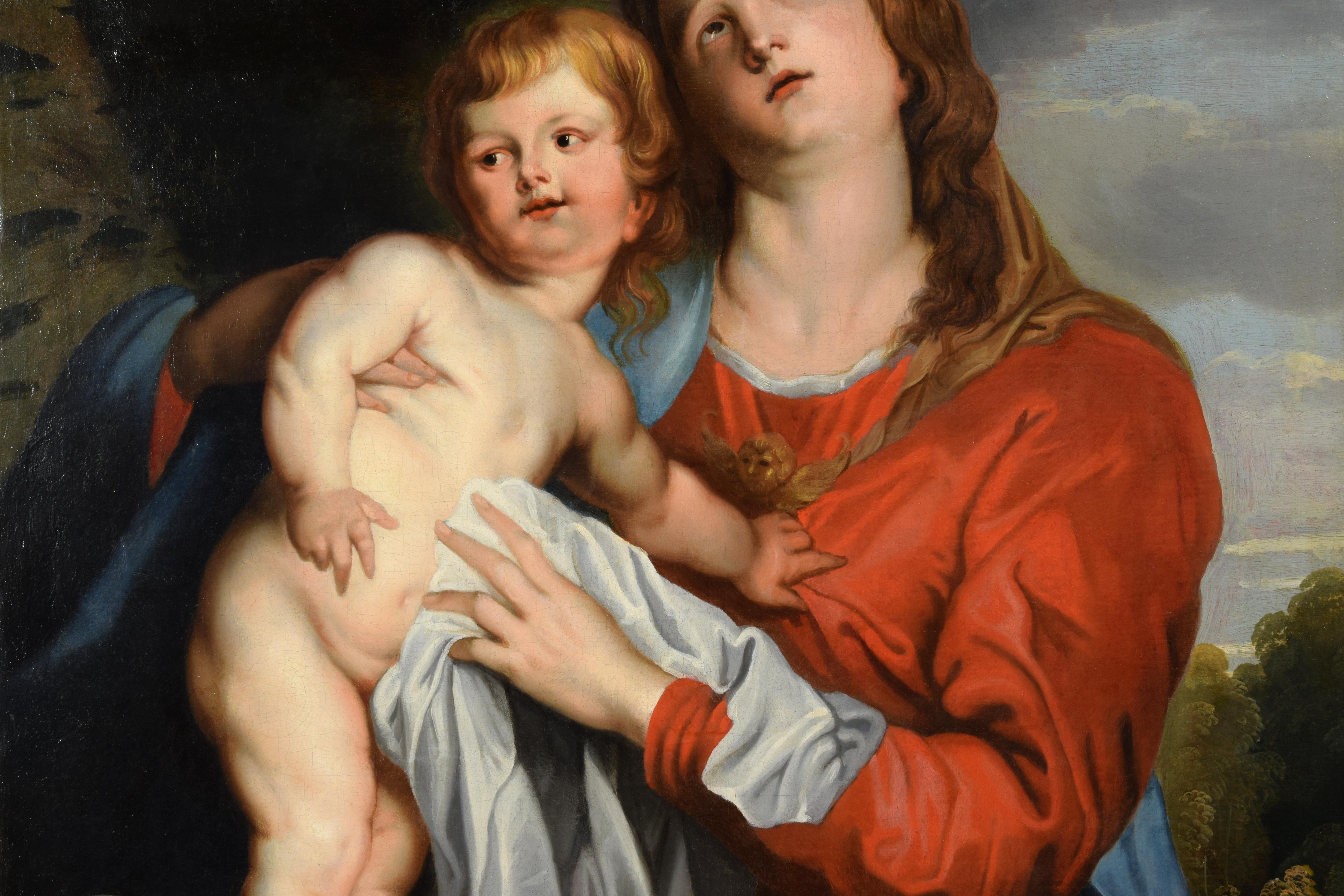 Canvas 17th Century, Italian Painting with Virgin and Child by Follower of Van Dyck For Sale