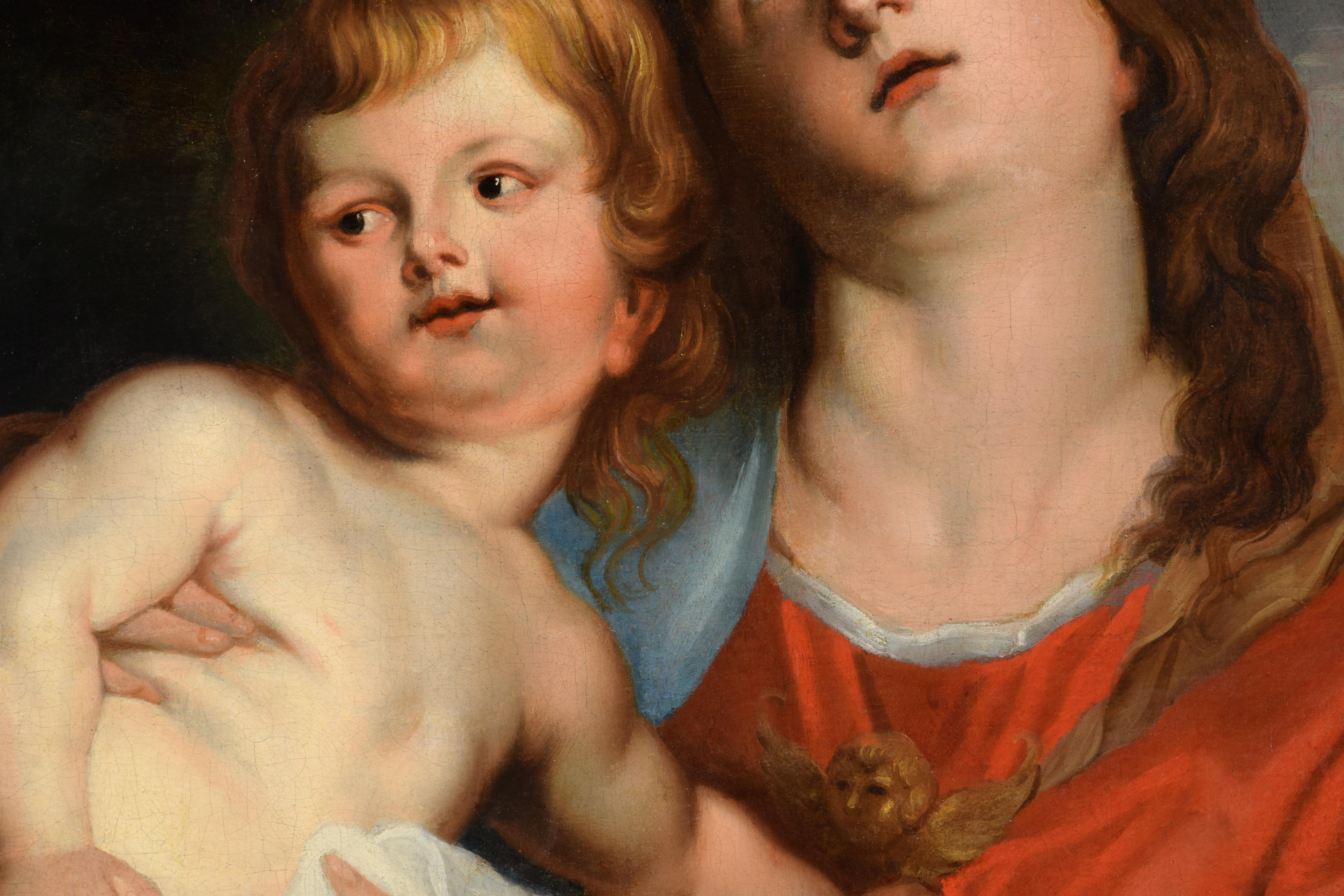 Toile 17e siècle, peinture italienne représentant une Vierge et un enfant par un disciple de Van Dyck en vente