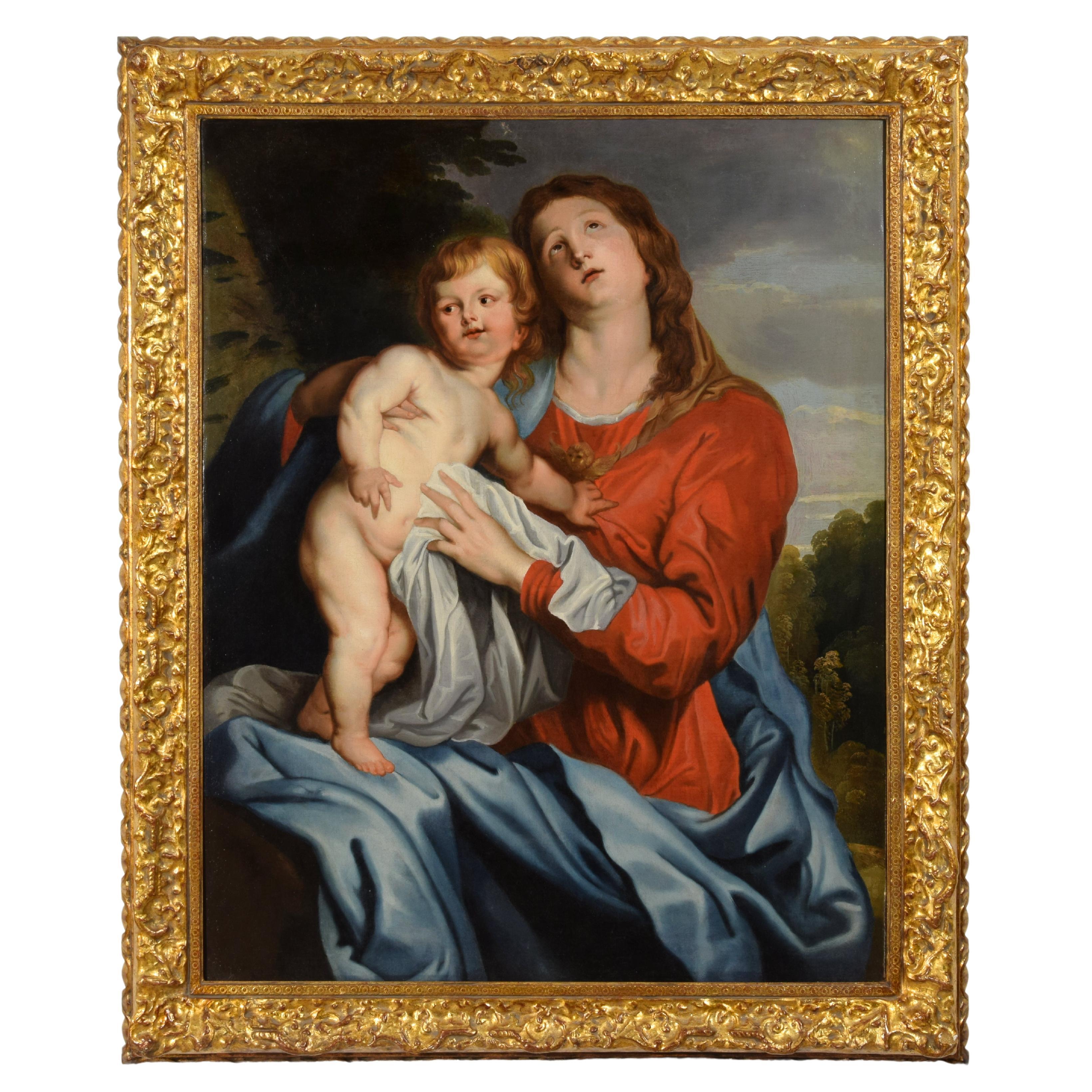 17e siècle, peinture italienne représentant une Vierge et un enfant par un disciple de Van Dyck en vente