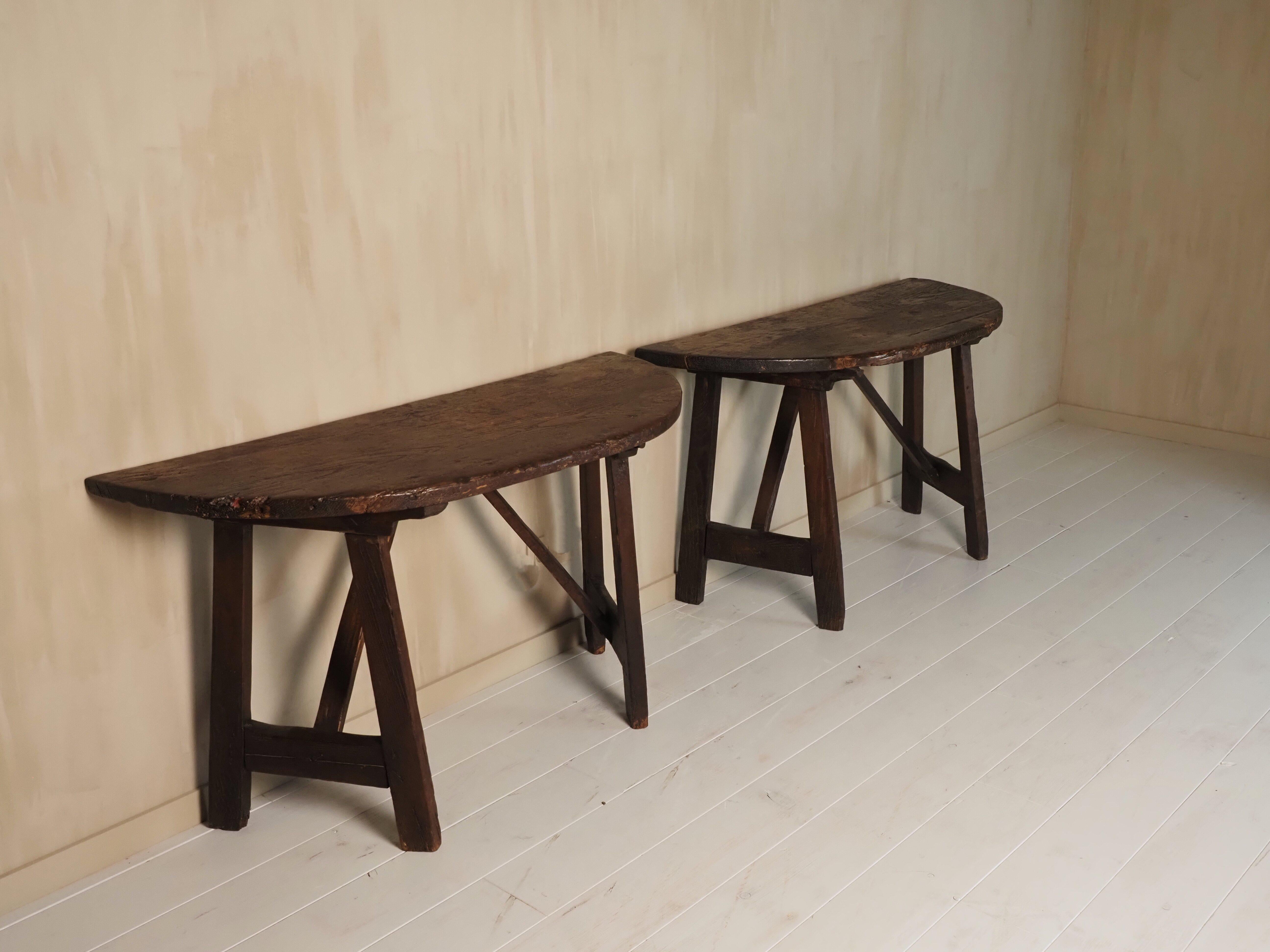Primitive 17th Century Italian pair of demi lunes - center table