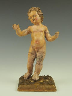 Antique Polychrome Terracotta Jesus Child Putto Figure 17th Century
