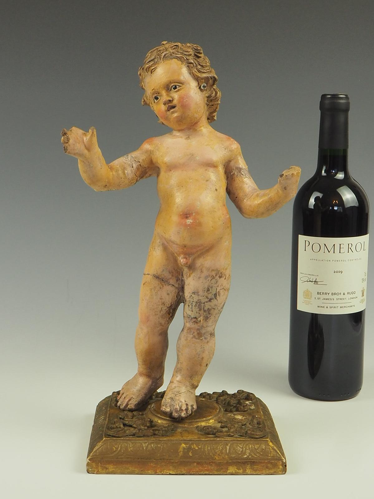 Polychromed 17th Century Italian Polychrome Painted Terracotta Jesus Child Putto Figure For Sale