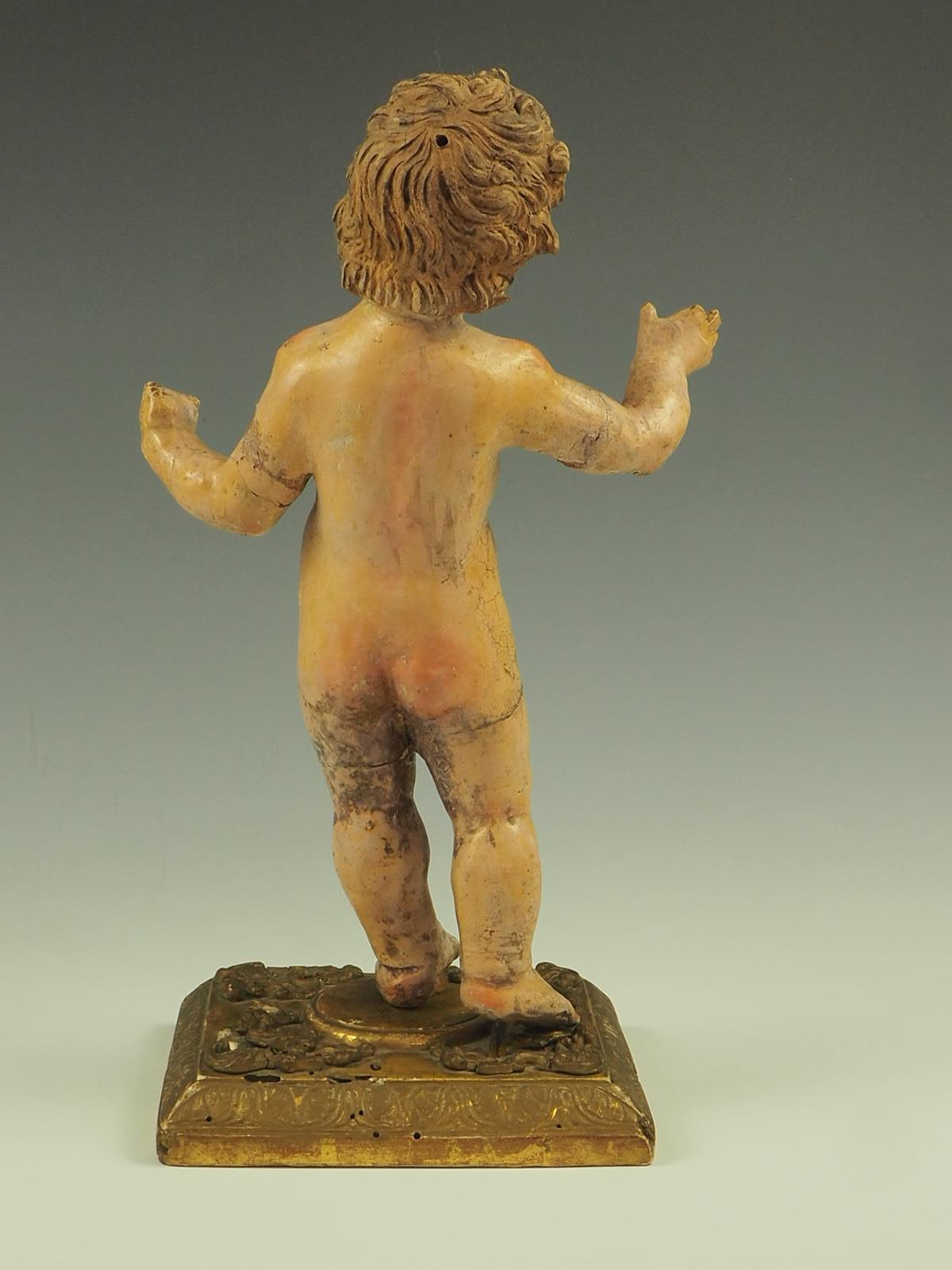 18th Century and Earlier 17th Century Italian Polychrome Painted Terracotta Jesus Child Putto Figure For Sale