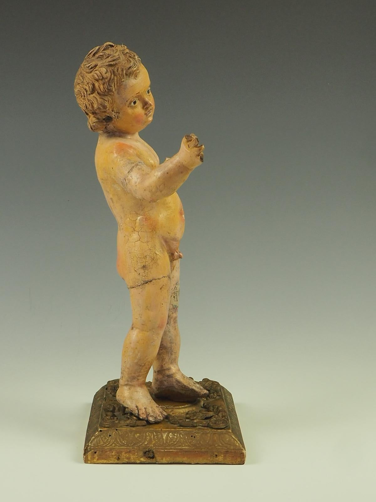 17th Century Italian Polychrome Painted Terracotta Jesus Child Putto Figure For Sale 1