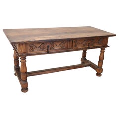 17th Century Italian Rare Antique Large Desk in Solid Carved Walnut