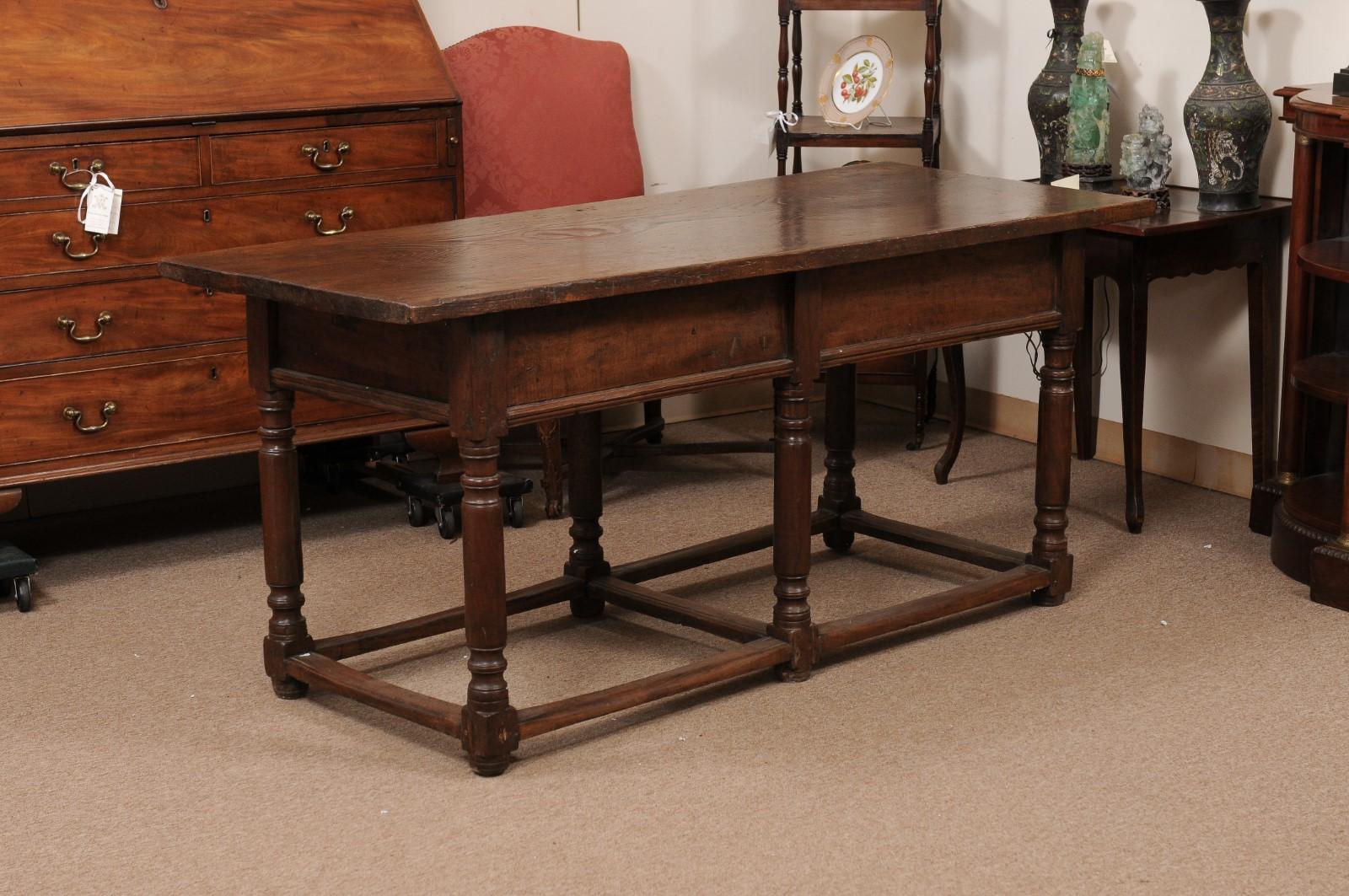  17th Century Italian Refractory Table in Elm with Inlay, 2 Drawers & Turned Leg For Sale 6