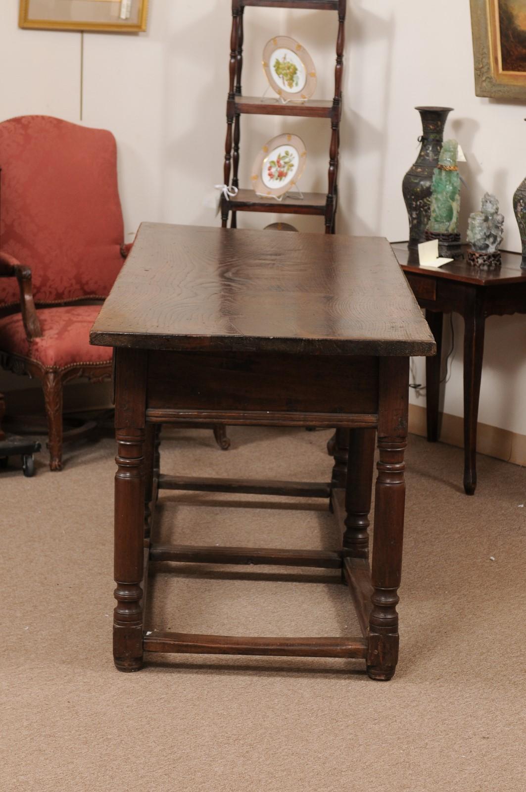  17th Century Italian Refractory Table in Elm with Inlay, 2 Drawers & Turned Leg 7