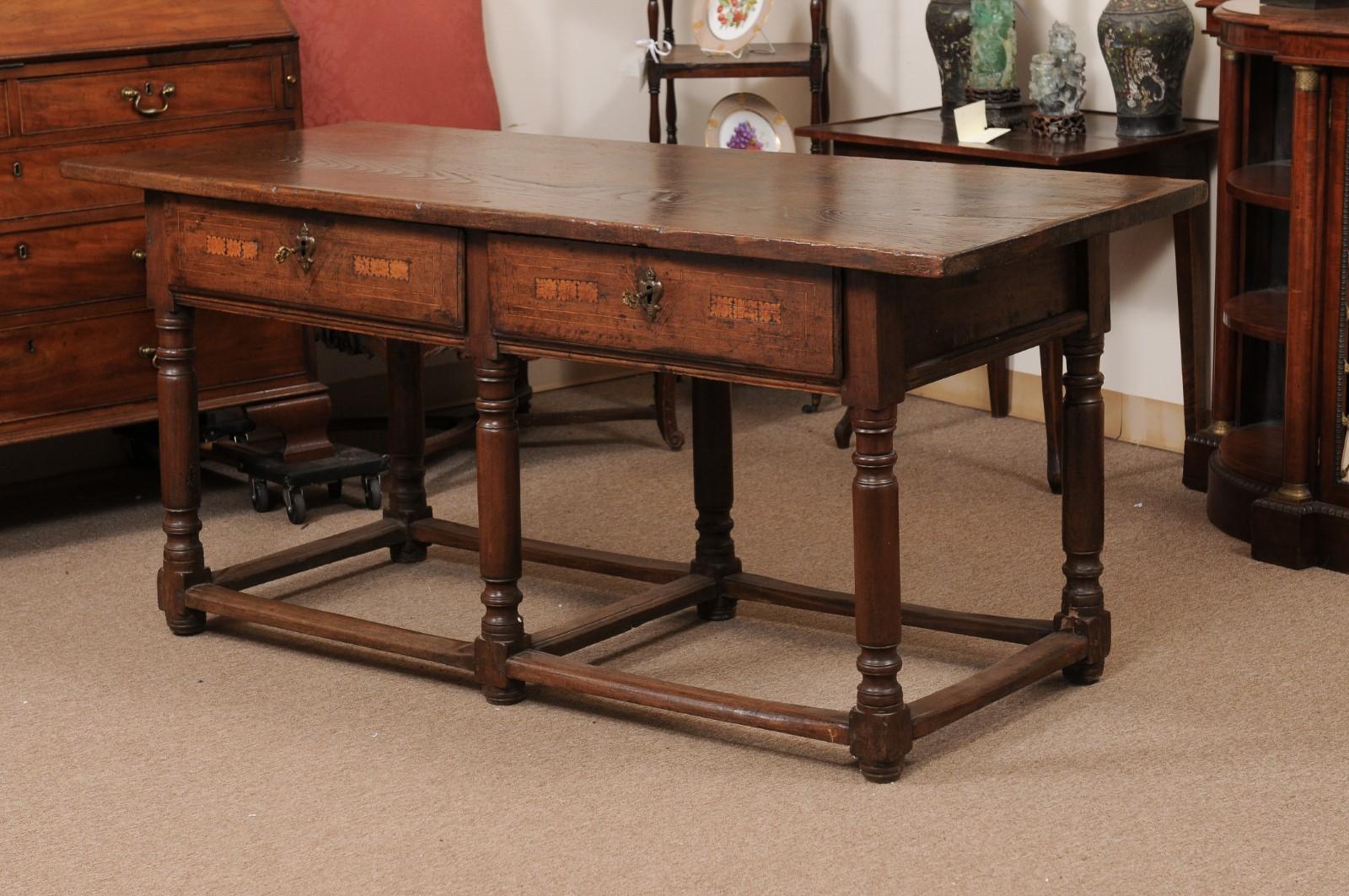  17th Century Italian Refractory Table in Elm with Inlay, 2 Drawers & Turned Leg For Sale 8