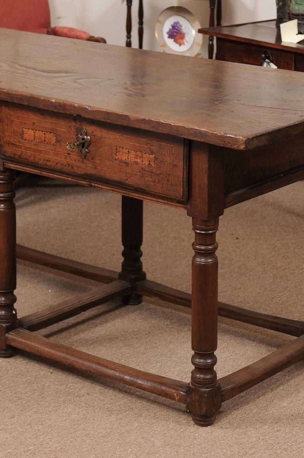  17th Century Italian Refractory Table in Elm with Inlay, 2 Drawers & Turned Leg For Sale 9