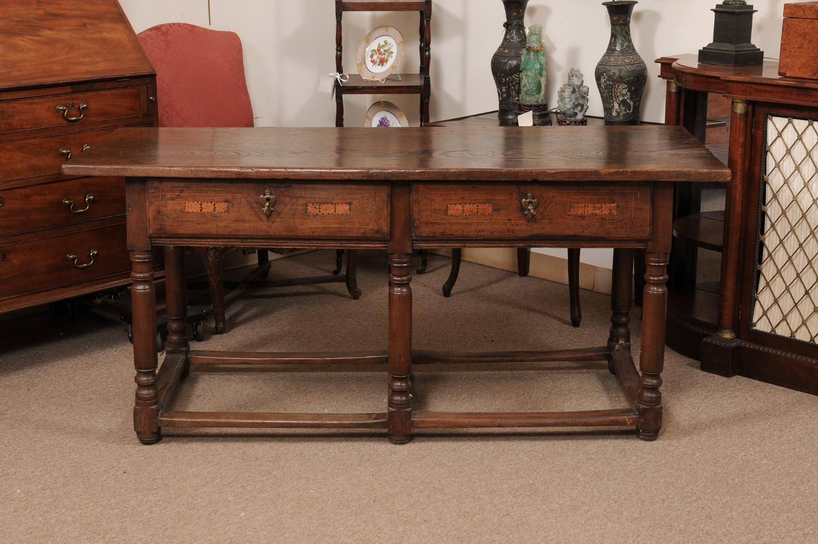  17th Century Italian Refractory Table in Elm with Inlay, 2 Drawers & Turned Leg For Sale 10