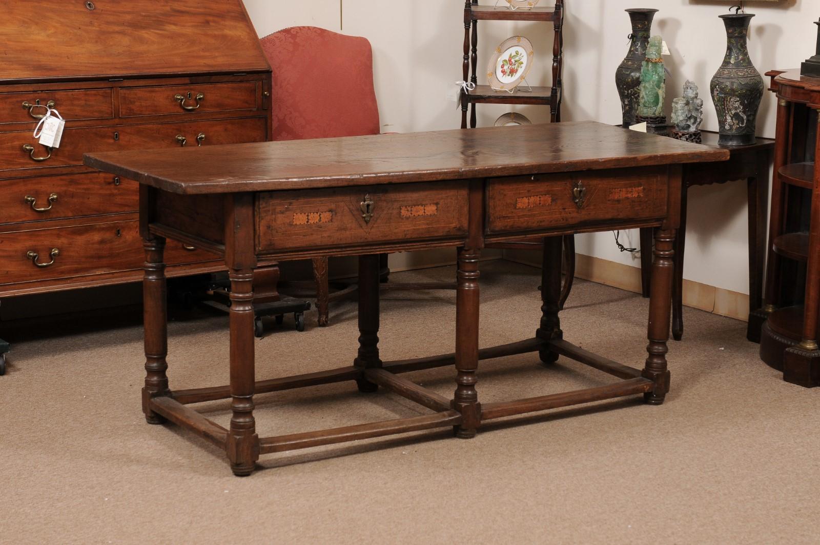  17th Century Italian Refractory Table in Elm with Inlay, 2 Drawers & Turned Leg In Good Condition In Atlanta, GA