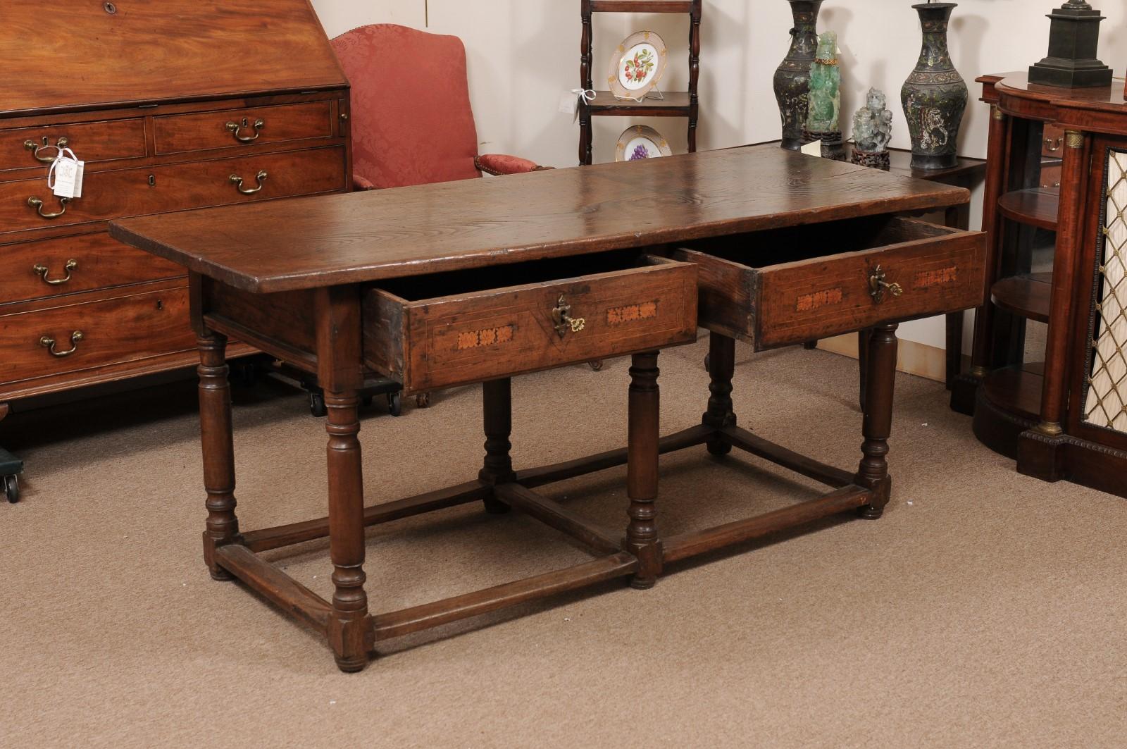 18th Century and Earlier  17th Century Italian Refractory Table in Elm with Inlay, 2 Drawers & Turned Leg For Sale