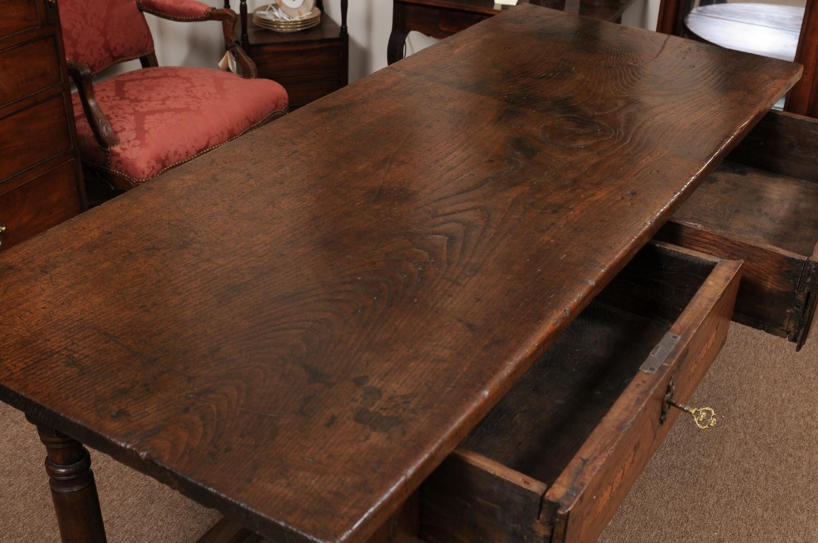  17th Century Italian Refractory Table in Elm with Inlay, 2 Drawers & Turned Leg For Sale 2