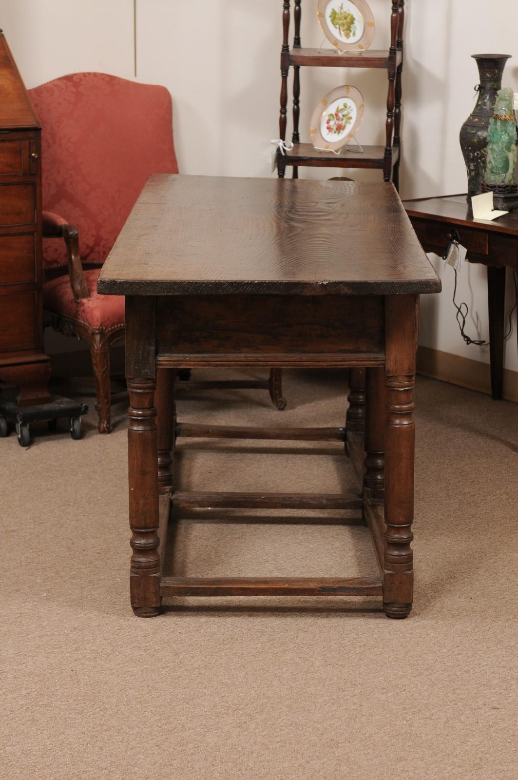  17th Century Italian Refractory Table in Elm with Inlay, 2 Drawers & Turned Leg For Sale 3