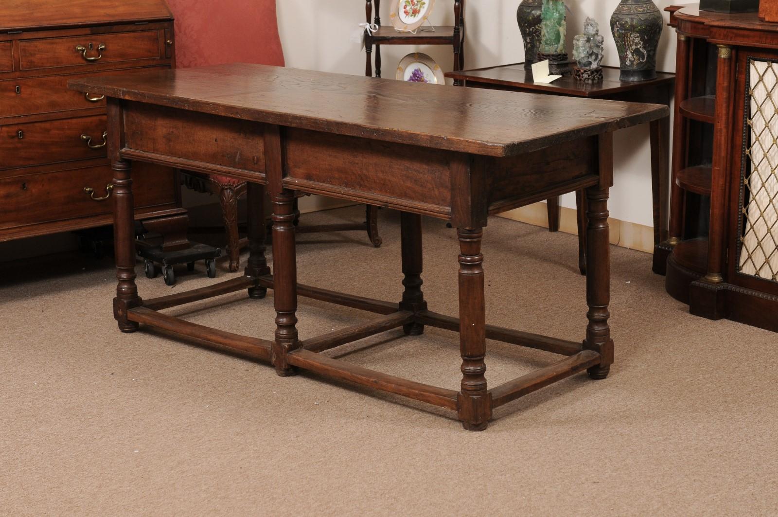  17th Century Italian Refractory Table in Elm with Inlay, 2 Drawers & Turned Leg For Sale 4