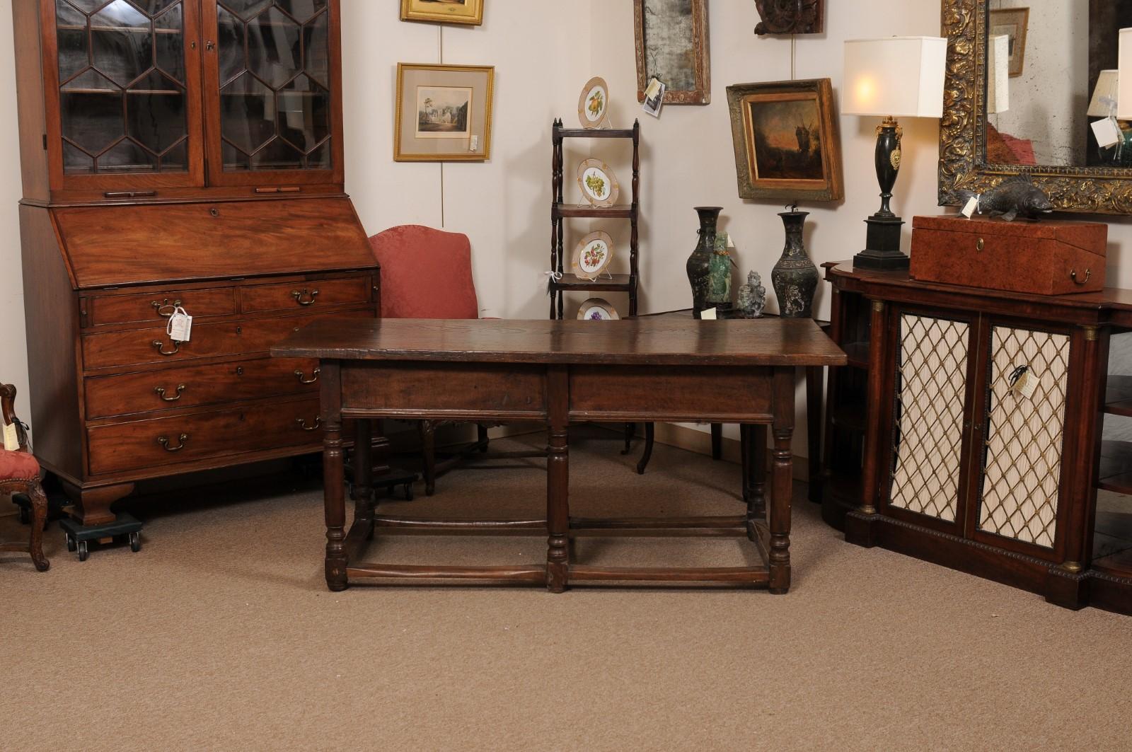  17th Century Italian Refractory Table in Elm with Inlay, 2 Drawers & Turned Leg 5