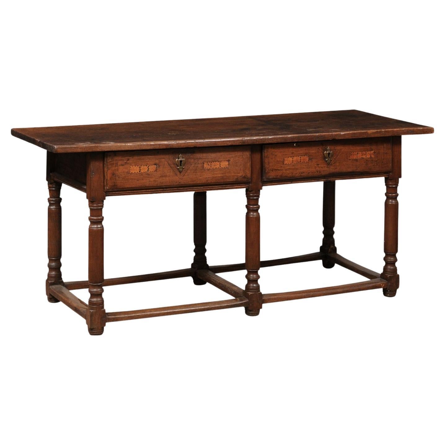  17th Century Italian Refractory Table in Elm with Inlay, 2 Drawers & Turned Leg For Sale
