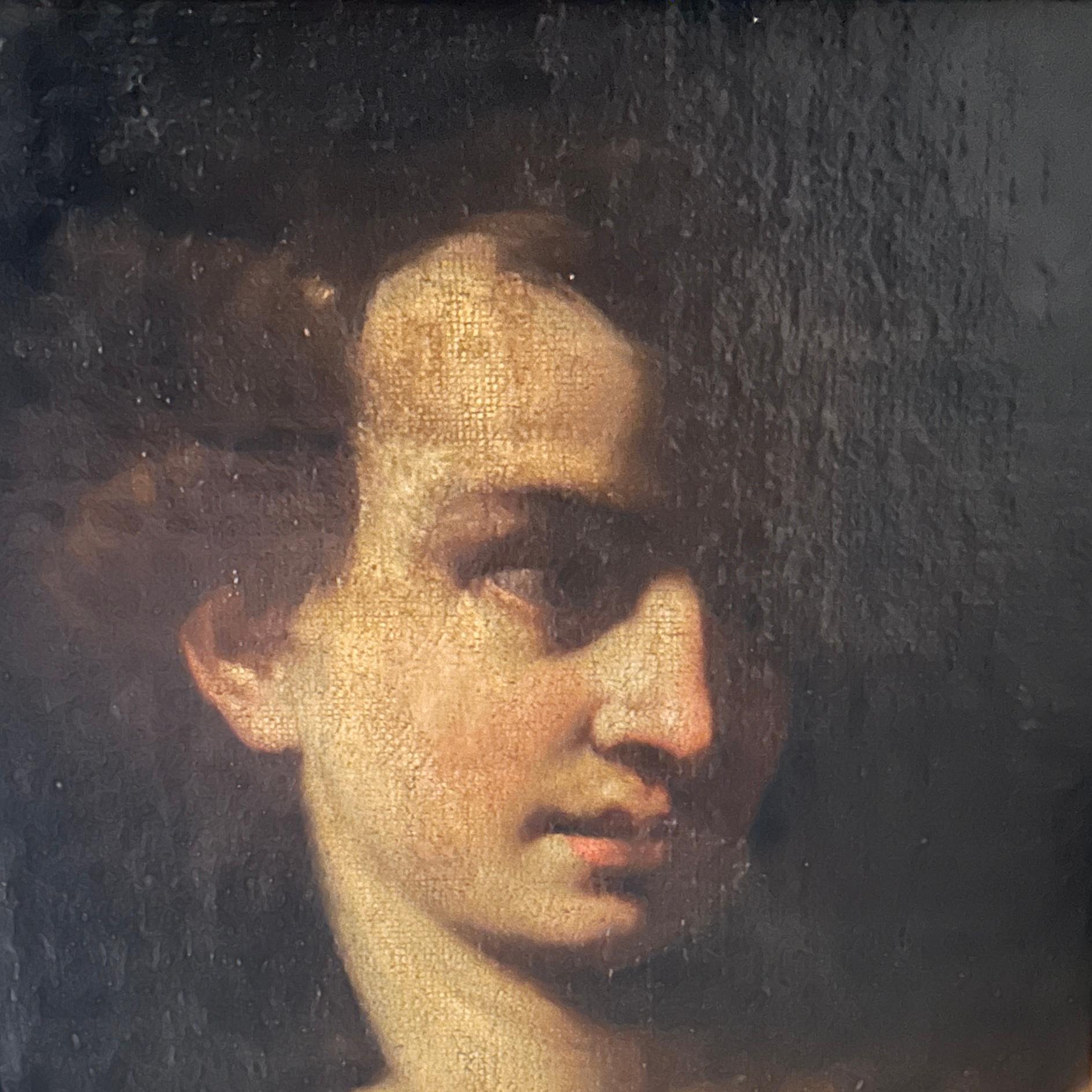 In the heart of the 17th century, during the Italian Renaissance, a striking oil portrait in the evocative style of Caravaggio emerges. Created around 1660, this captivating artwork beckons viewers into a realm where light and shadow intertwine,
