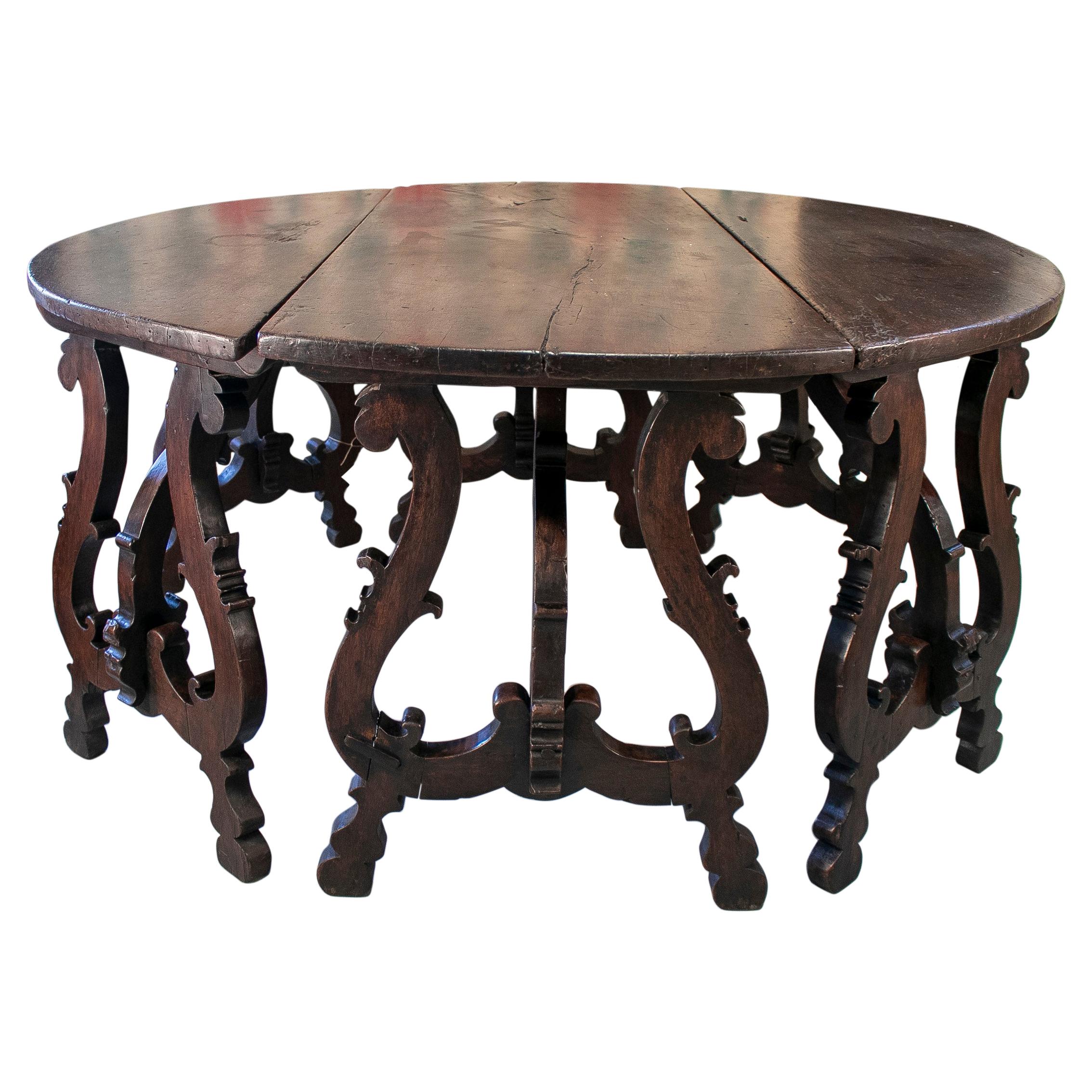 17th Century Italian Round Walnut Table w/ Lyre Legs