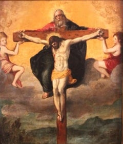 17th Century Italian Crucifixion Painting – Oil on Panel, Baroque Devotional Art