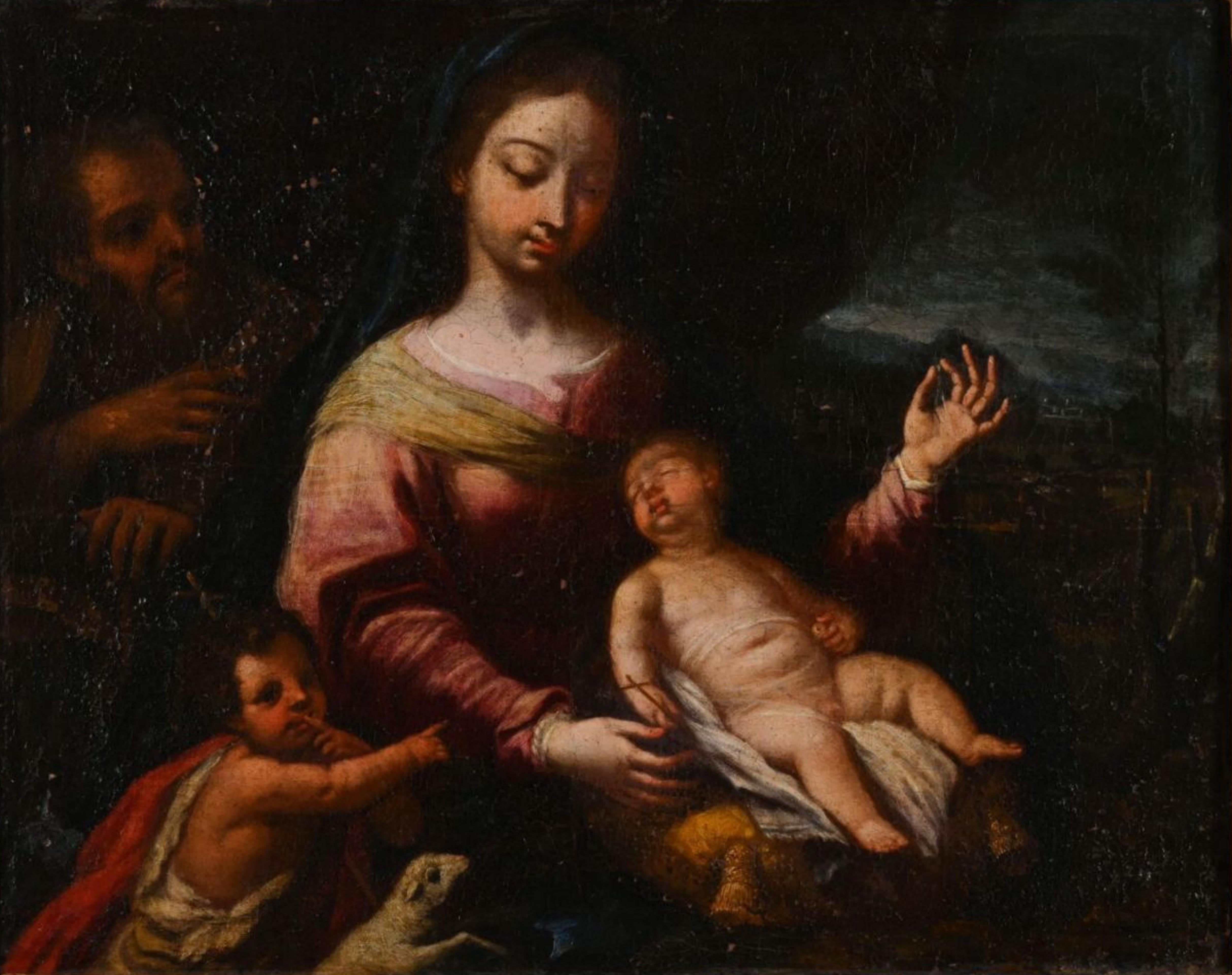 17. Jahrhundert Italienische Schule  „Holy Family with St. John the Baptist“ (Geölt) im Angebot