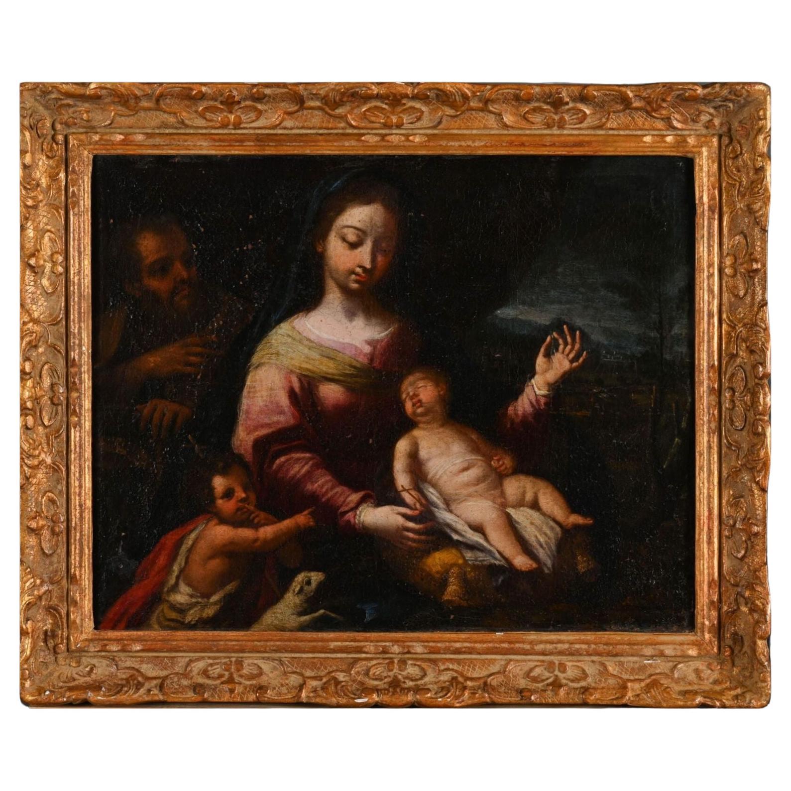Escuela italiana del siglo XVII  "Sagrada Familia con St. John the Baptist" (La Sagrada Familia con San Juan Bautista) en venta