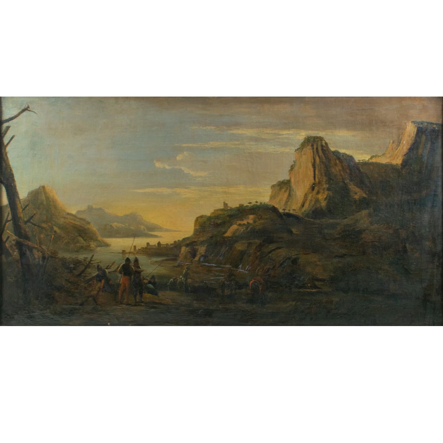 Huile sur toile de l'école italienne du XVIIe siècle - Soldats et voyageurs se reposant près d'une crique rocheuse

Le tableau porte une plaque avec le nom de l'artiste attribué, Salvator Rosa (1615-1673), réputé pour ses paysages dramatiques et ses