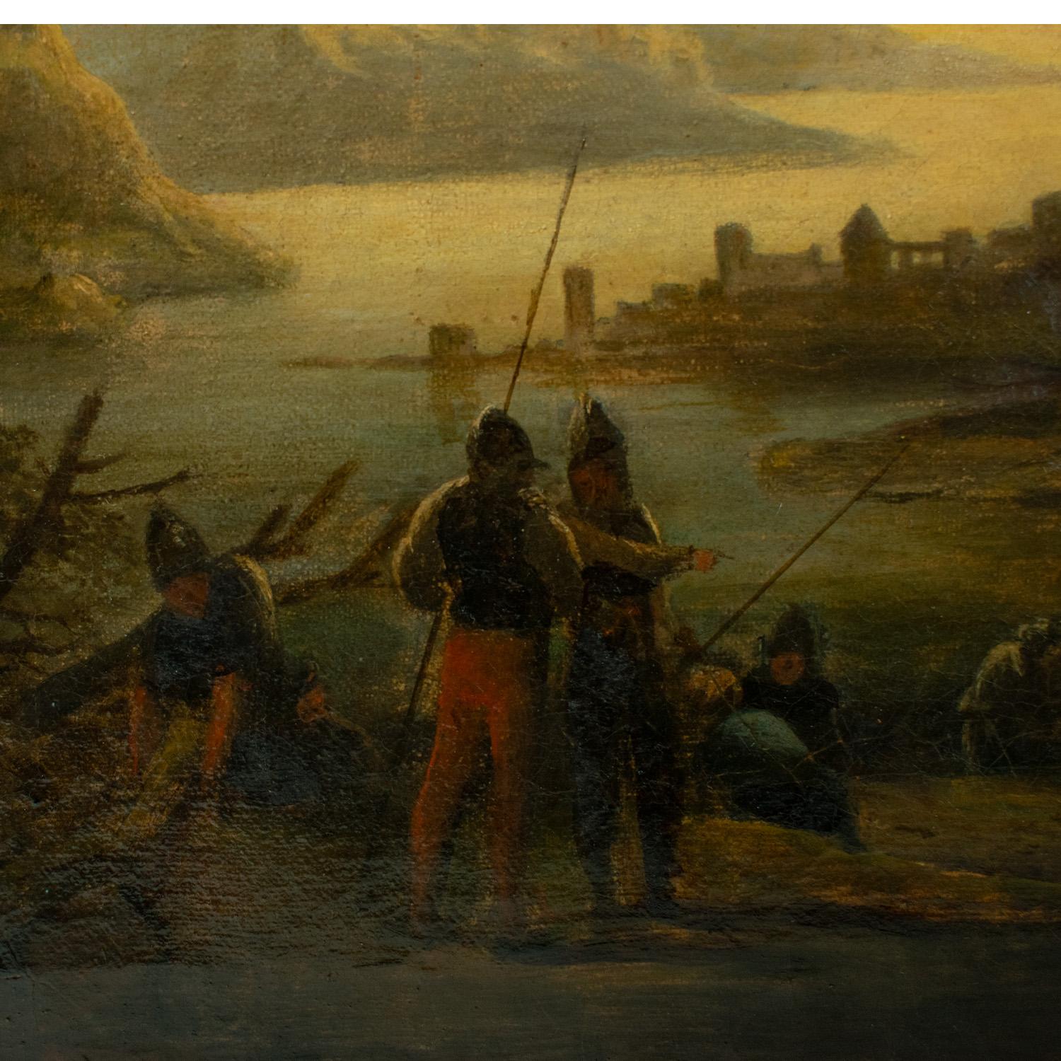 Baroque Salvator Rosa (Att) 17e siècle Huile sur toile - Soldats et voyageurs au repos en vente
