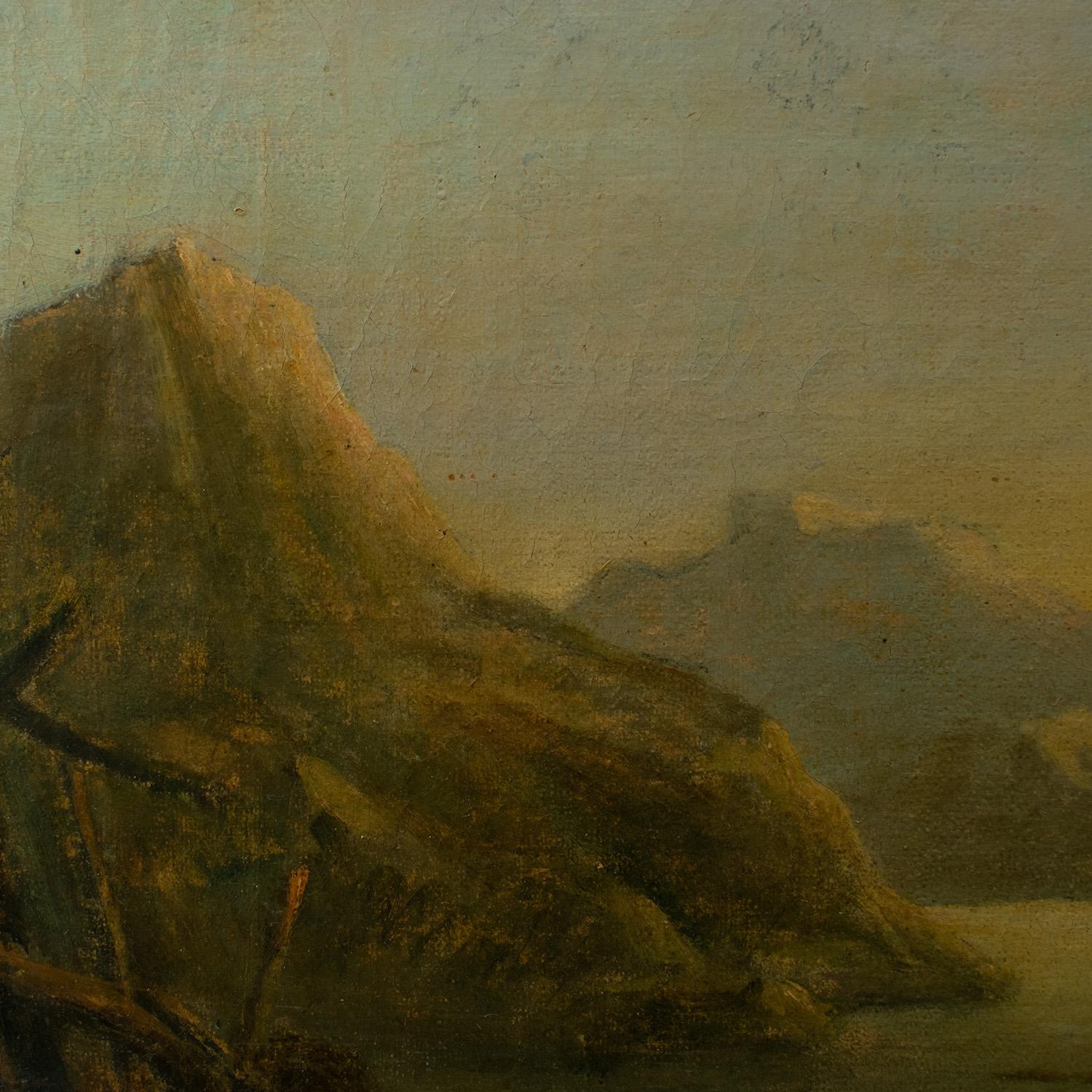 italien Salvator Rosa (Att) 17e siècle Huile sur toile - Soldats et voyageurs au repos en vente