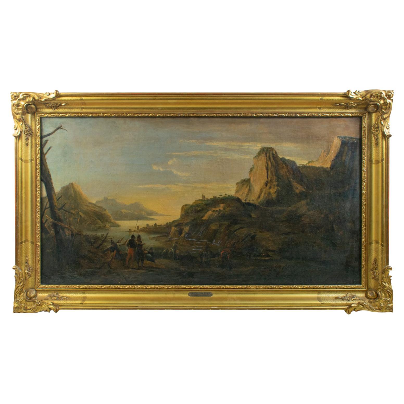 Salvator Rosa (Att) Óleo sobre lienzo del siglo XVII - Soldados y viajeros descansando