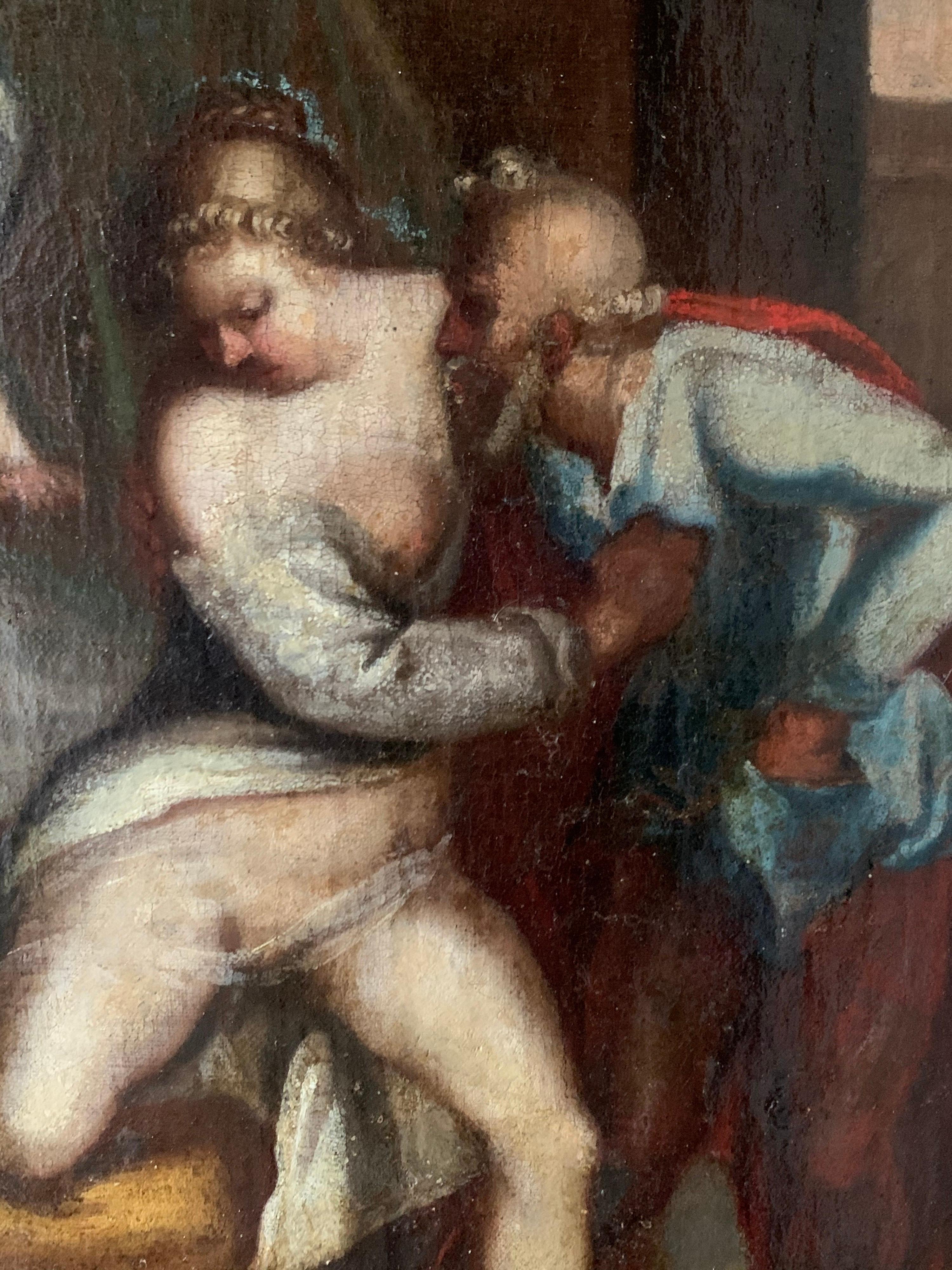17th Century Italian Old Master Oil Painting Old Man & Courtesan Woman 1