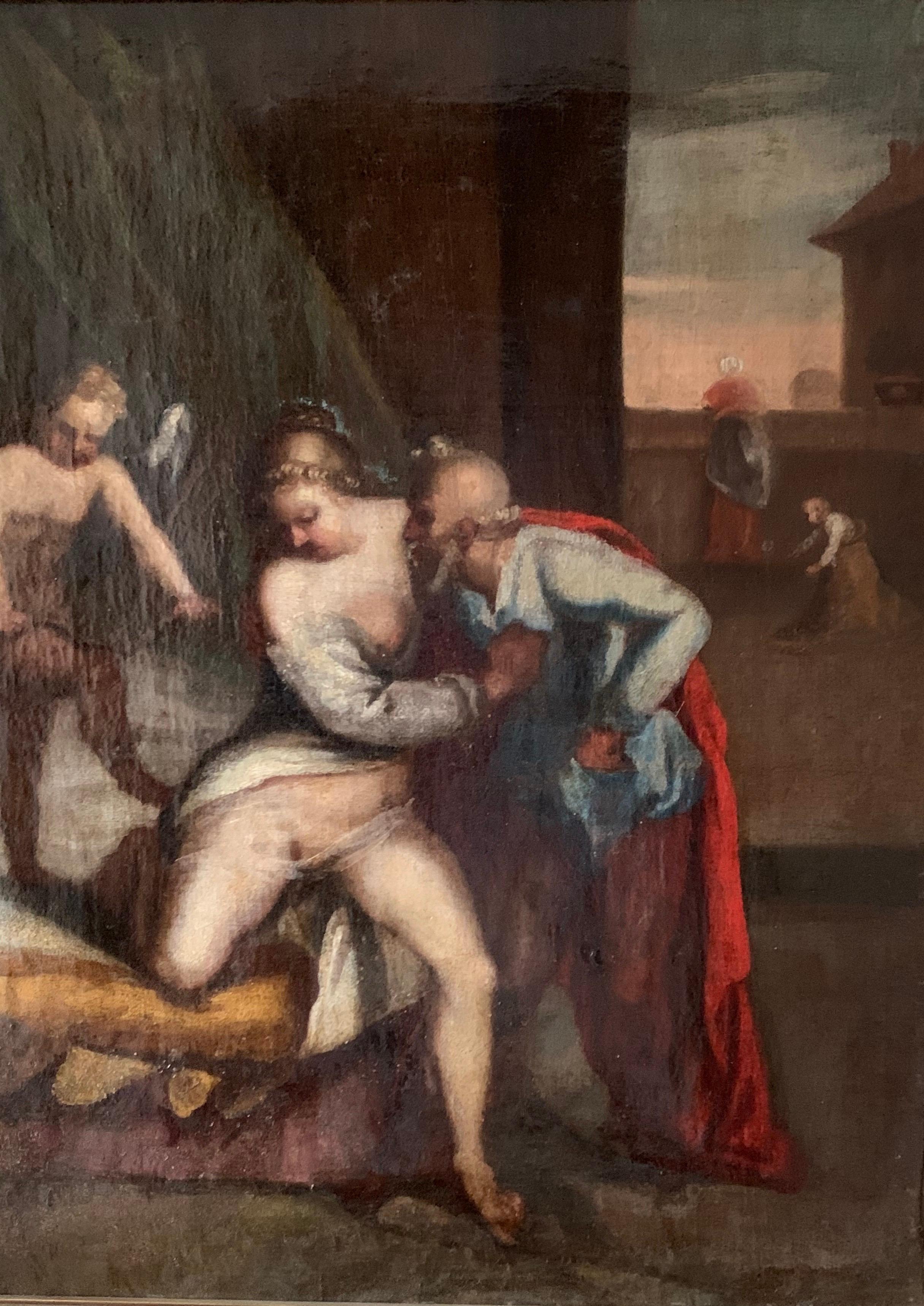 17th Century Italian Old Master Oil Painting Old Man & Courtesan Woman 4