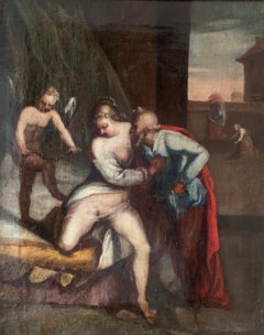17th Century Italian Old Master Oil Painting Old Man & Courtesan Woman