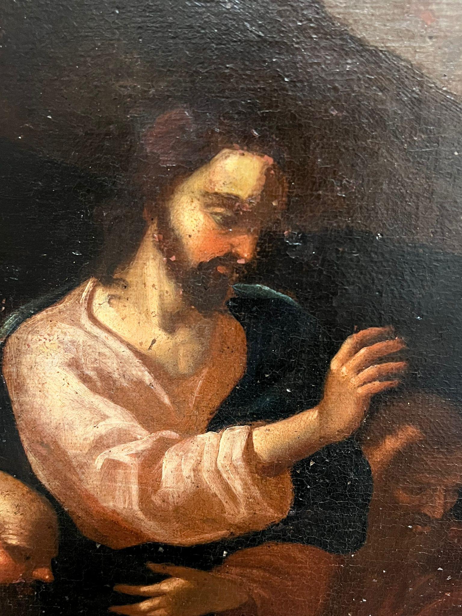 17th Century Italian School 
Christ and the Canaanite Woman
oil on canvas, framed
Framed: 30.5 x 35 inches in an antique gilt 'hollow' frame. 
Canvas: 24 x 29 inches
Provenance: private collection, England
Condition: very good condition