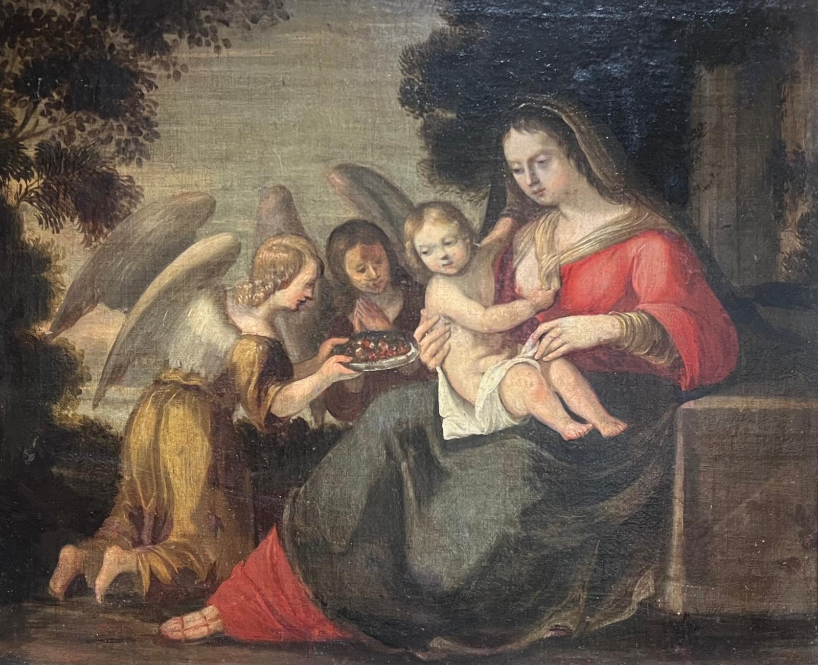 Peinture baroque du 17e siècle Madonna & Child Attendant Angels Offering Gifts - Painting de 17th Century Italian School