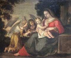 17th Century Painting Baroque Madonna & Child Attendant Angels Offering Gifts