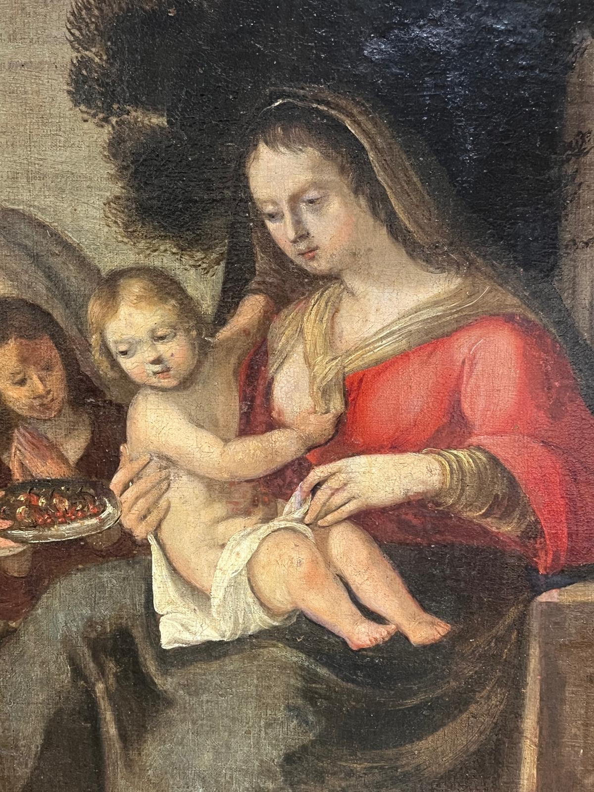 Peinture baroque du 17e siècle Madonna & Child Attendant Angels Offering Gifts - Marron Landscape Painting par 17th Century Italian School