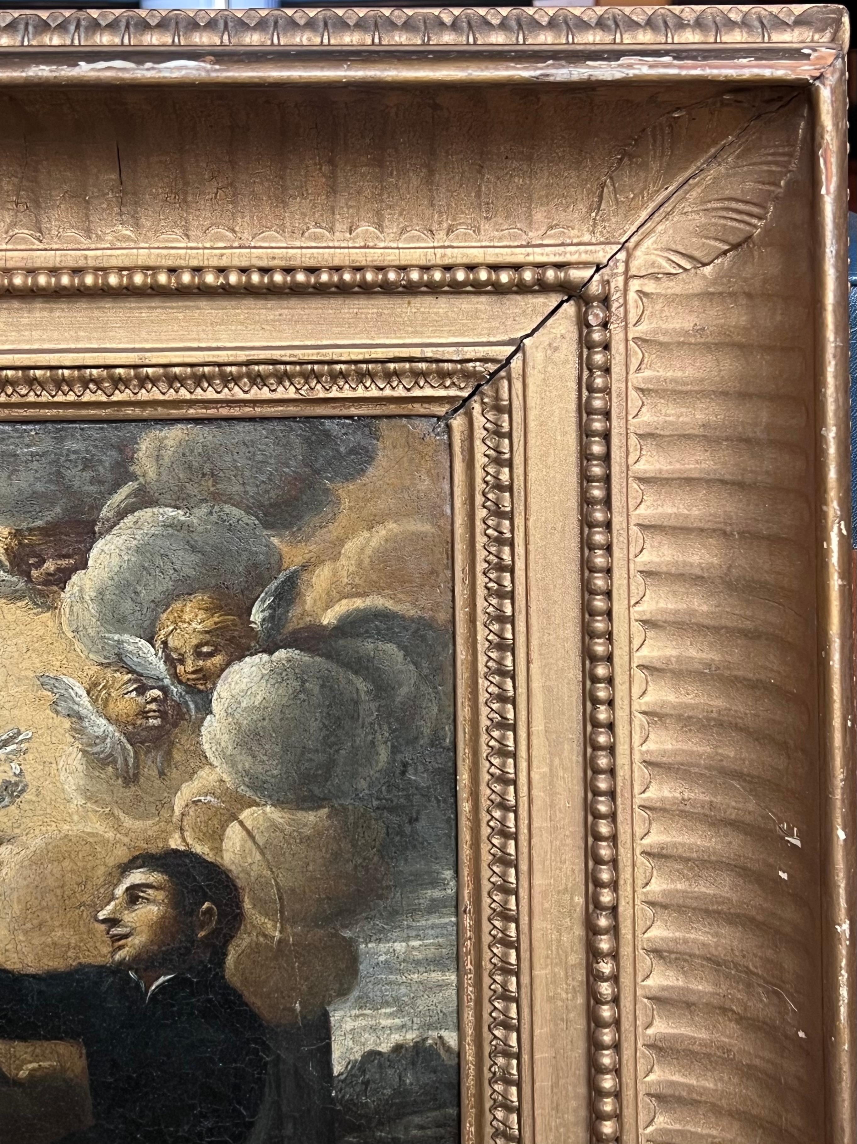 Madonna mit Kind, Heiliger und himmlischen Putten
Italienische Schule des 17. Jahrhunderts
Öl auf Leinwand, gerahmt
Gerahmt: 20 x 18 Zoll
Leinwand : 13 x 10 Zoll
Provenienz: Privatsammlung, England
Zustand: Der Rahmen hat leichte Gebrauchsspuren,