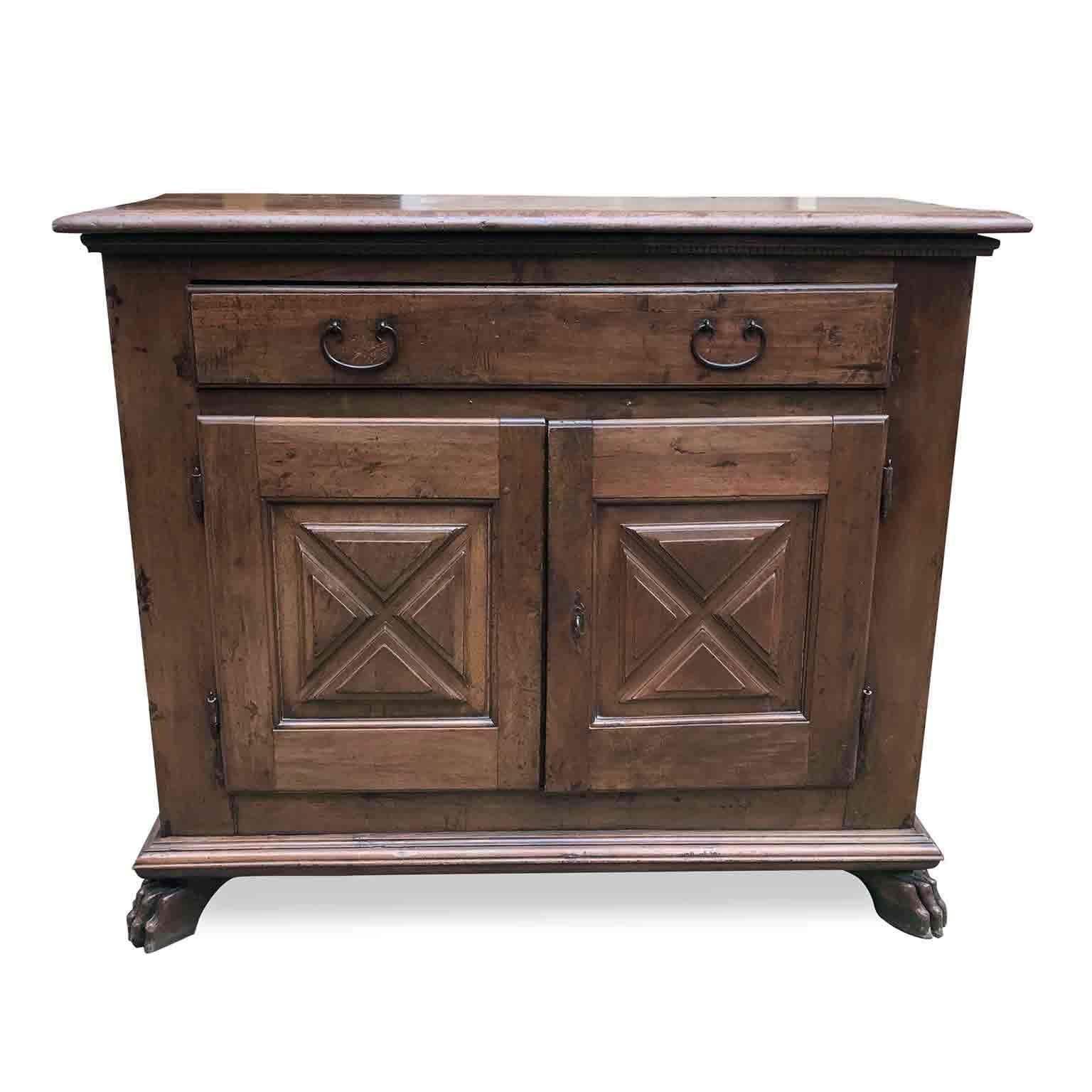 Hand-Carved 17th Century Italian Baroque Sideboard Two Doors with Diamond Carved Panels 