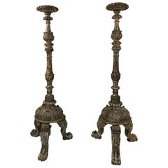 17th Century Italian Silver Leaf Floor Torcheres, Candlesticks