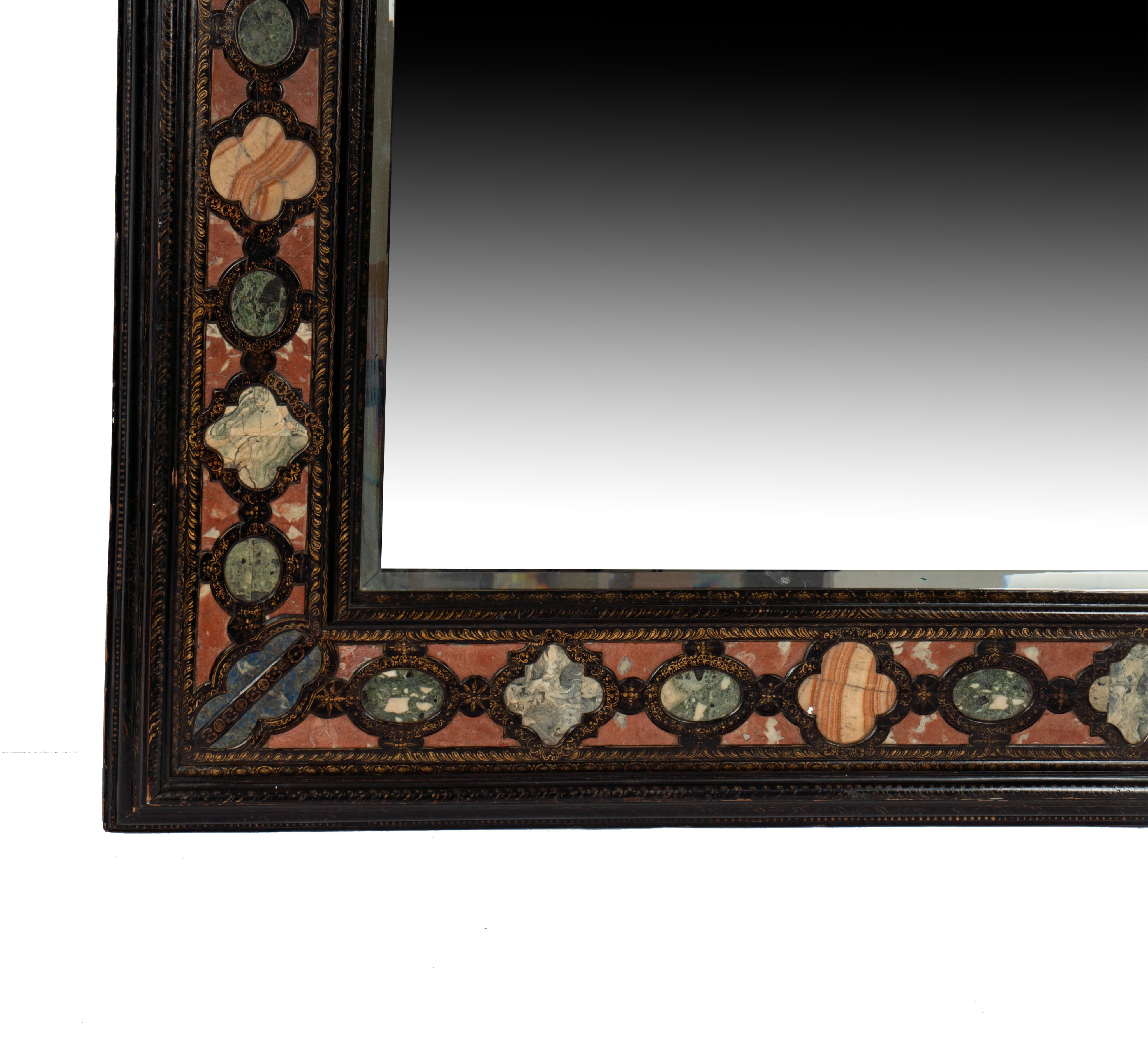 17th century Italian  Specimen Stone -Inset  Ebonized Wood Wall Mirror In Good Condition For Sale In Montreal, QC