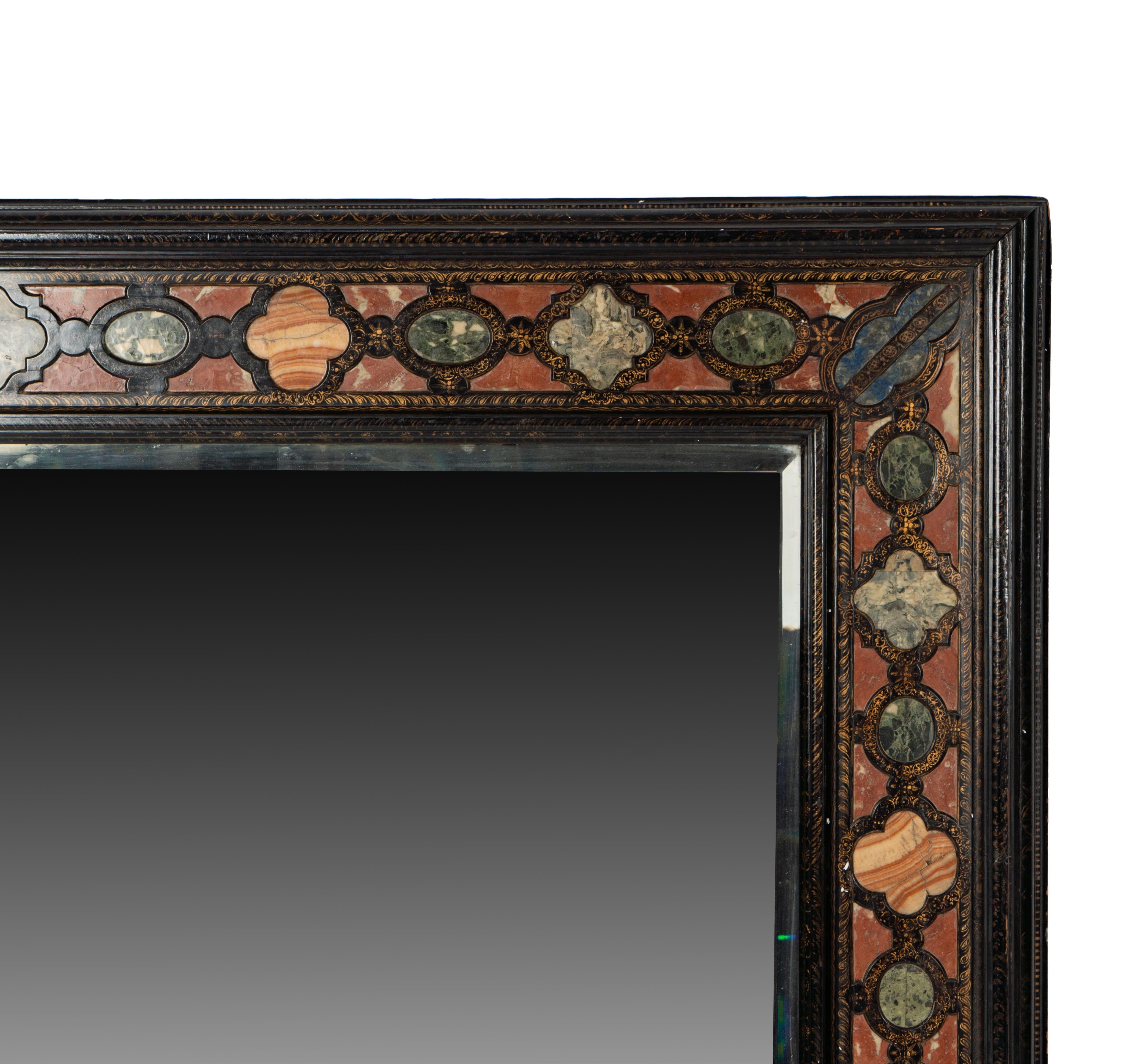 18th Century and Earlier 17th century Italian  Specimen Stone -Inset  Ebonized Wood Wall Mirror For Sale