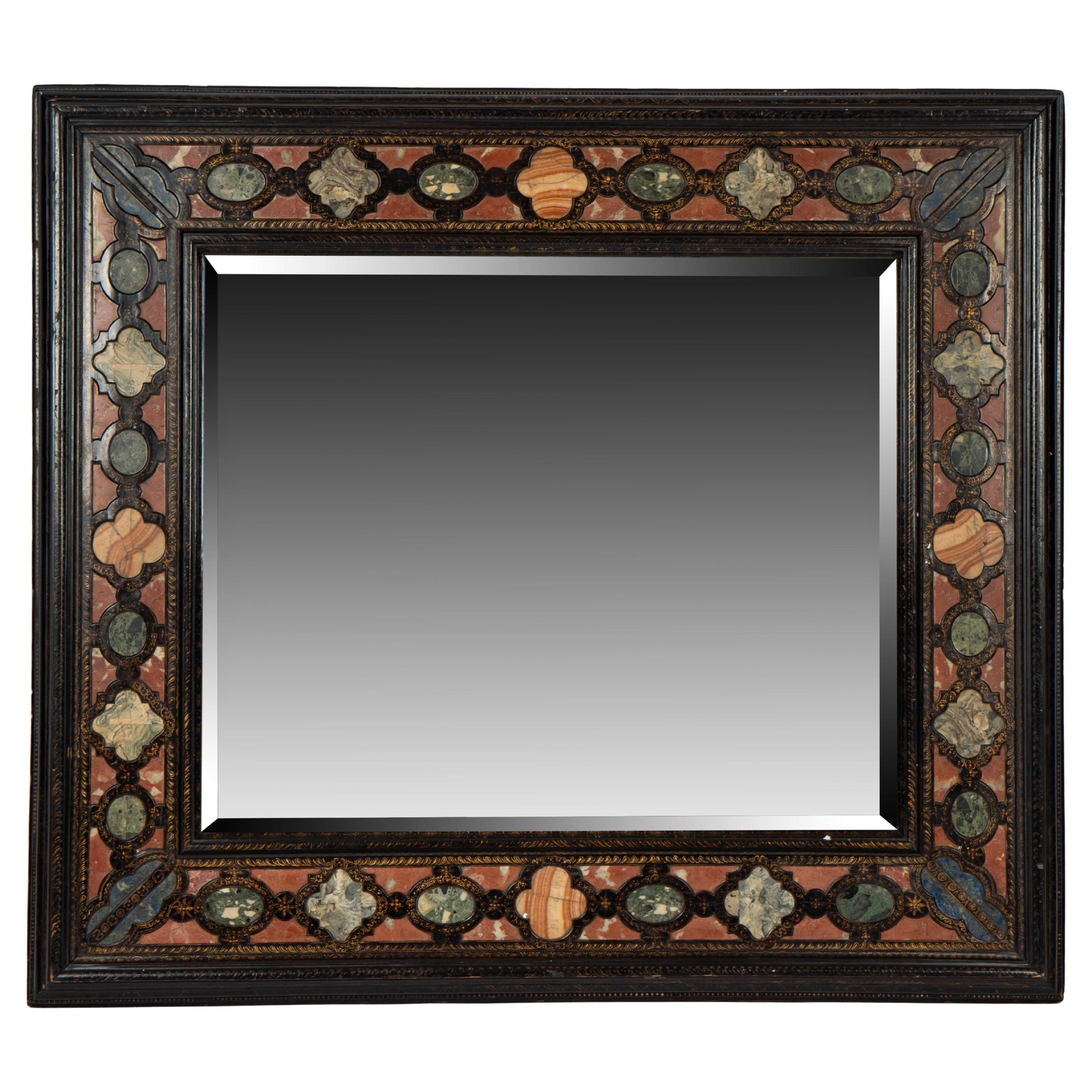 17th century Italian  Specimen Stone -Inset  Ebonized Wood Wall Mirror