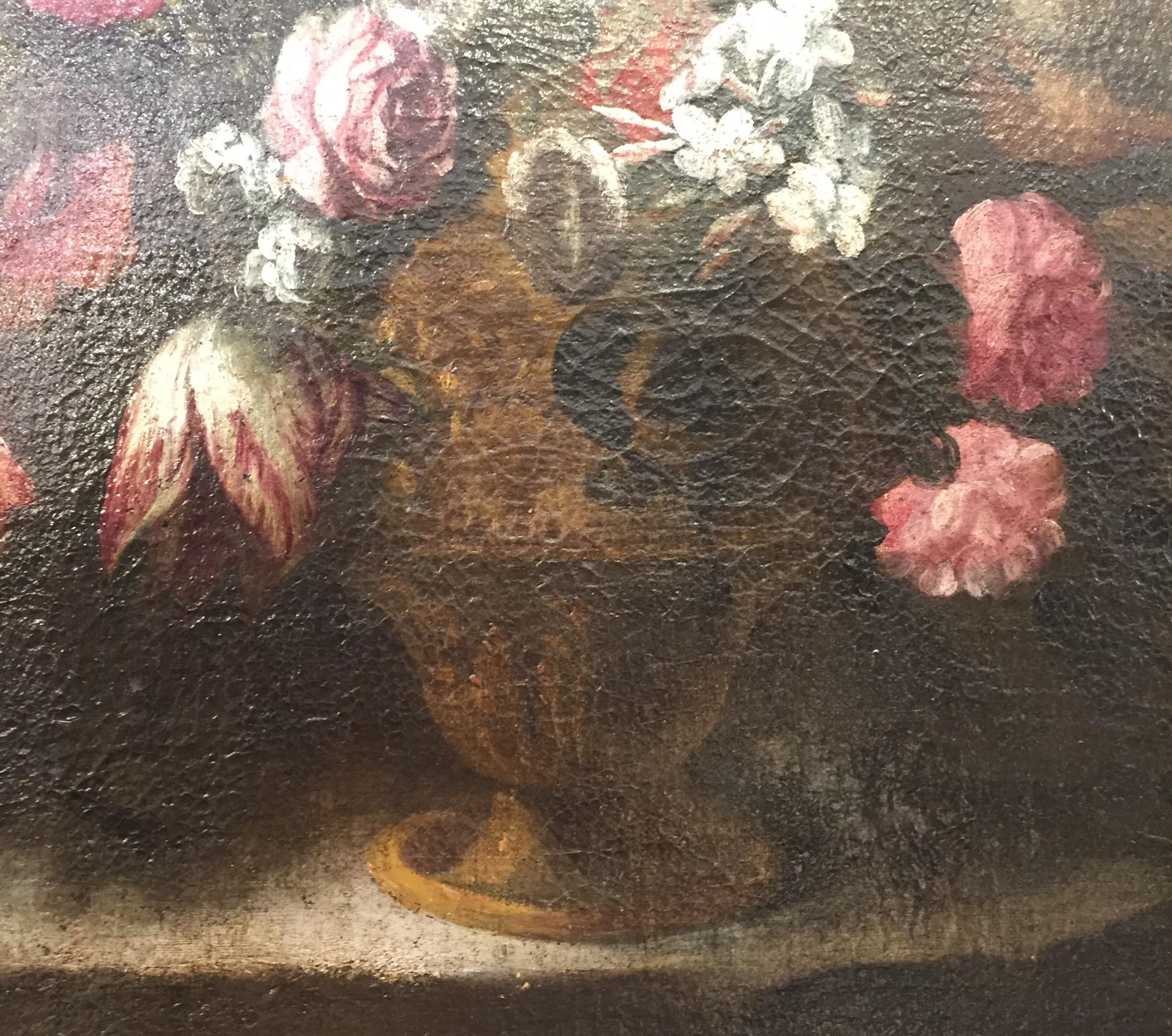  Italian 17th Century Flowers Still Life Lombard School Oil on Canvas Painting 1